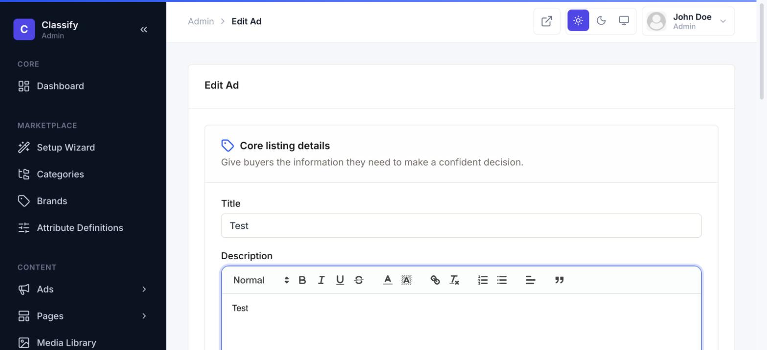 Editing an ad, with rich text description editor