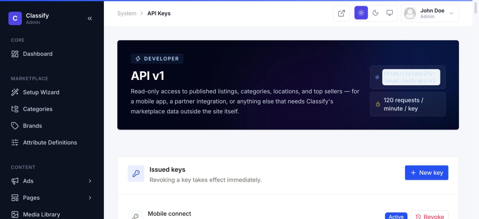 API keys page