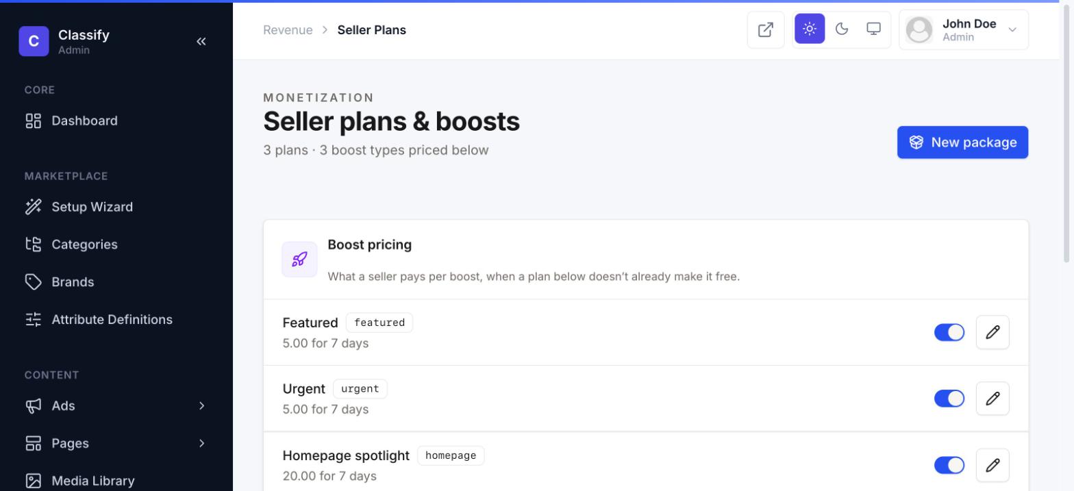 Seller plans and boost pricing