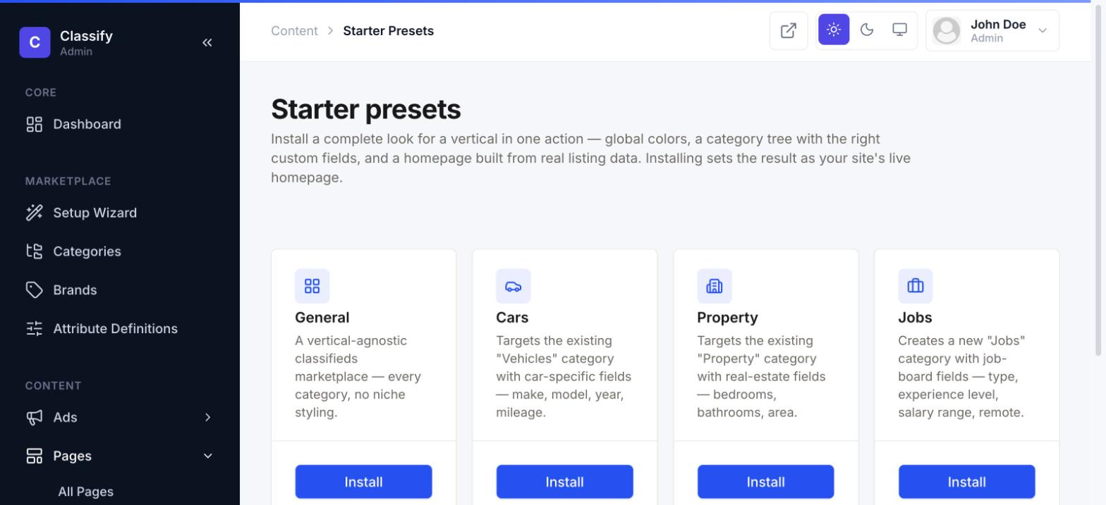 Starter presets: General, Cars, Property, Jobs