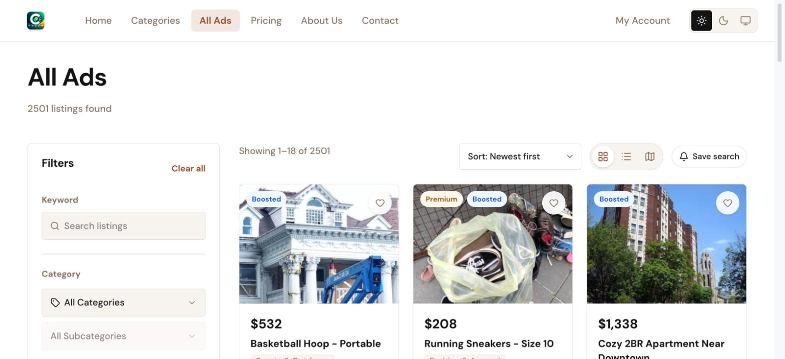 All Ads listing page with filters