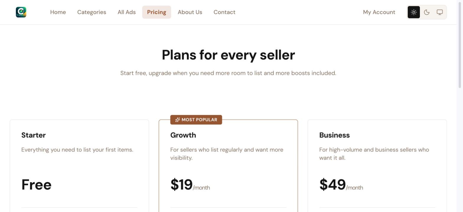 Pricing page with plan comparison