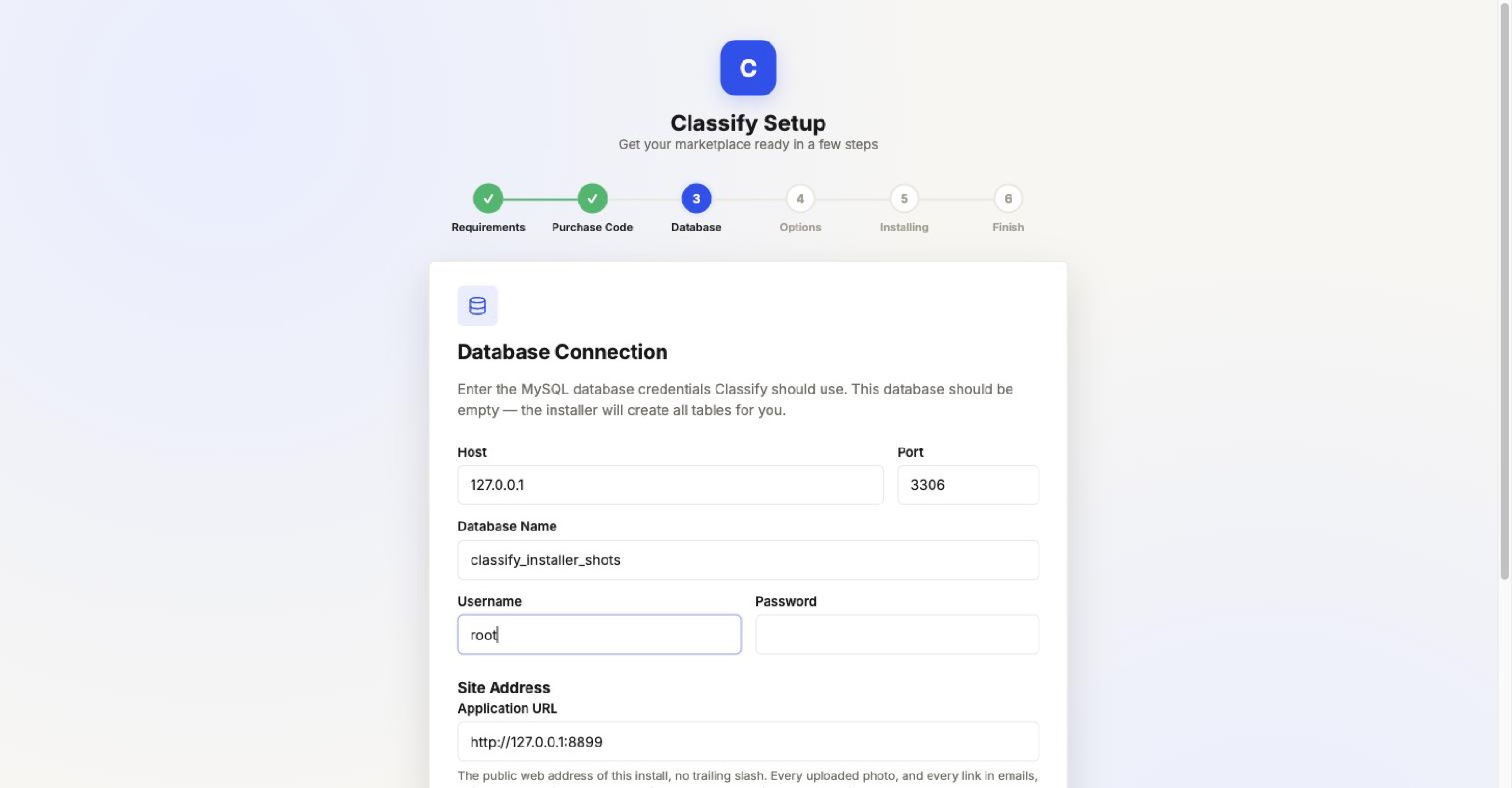 Installer step 3: database connection and site address form