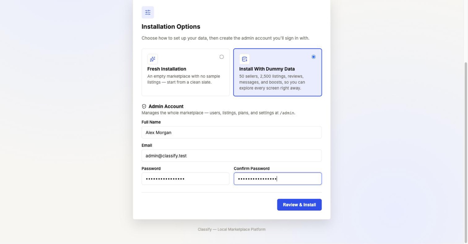 Installer step 4: fresh install vs. dummy data choice, with admin account fields