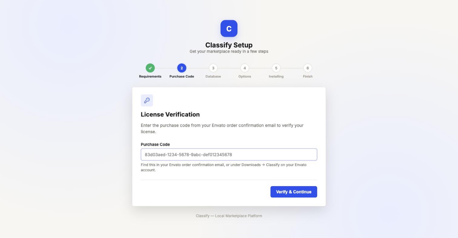 Installer step 2: Envato purchase code verification