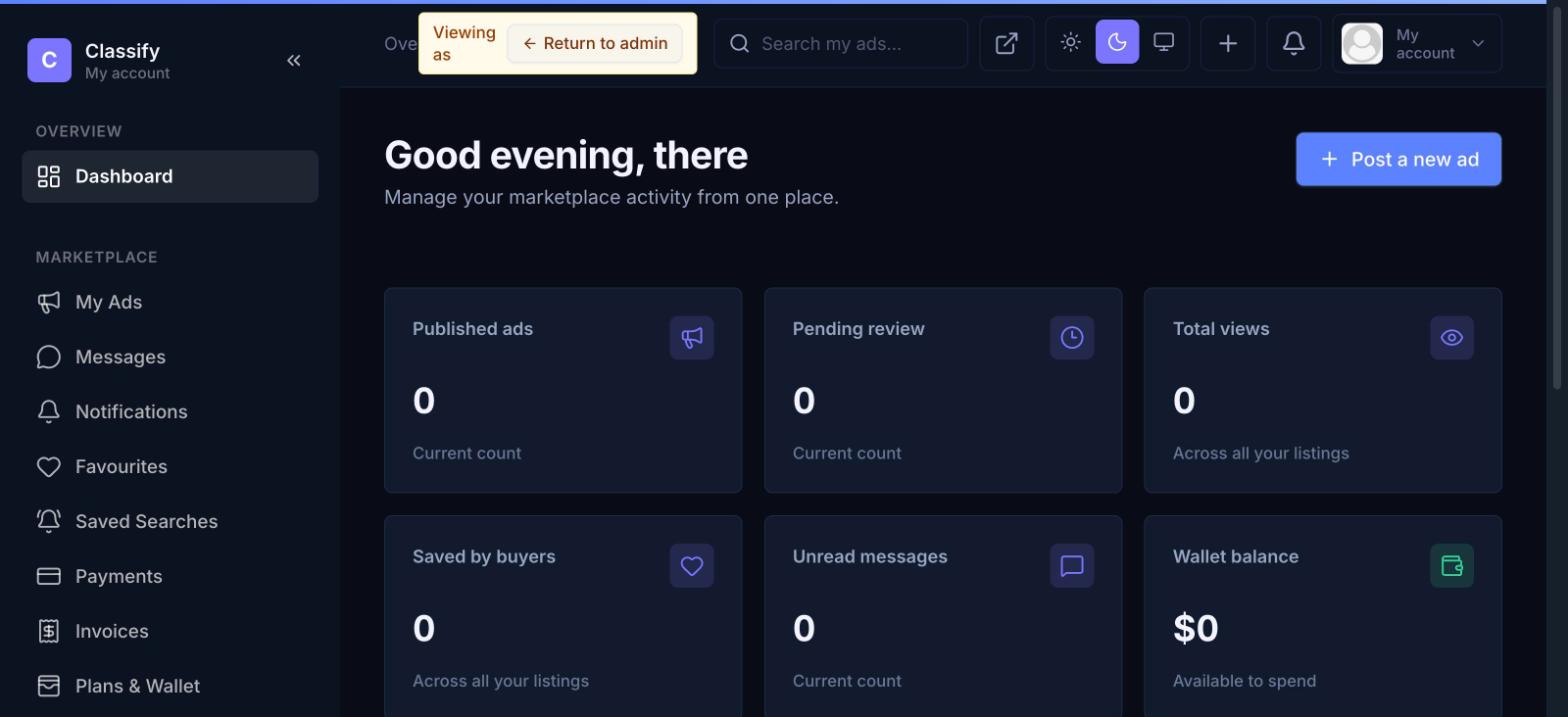 Member dashboard, dark mode