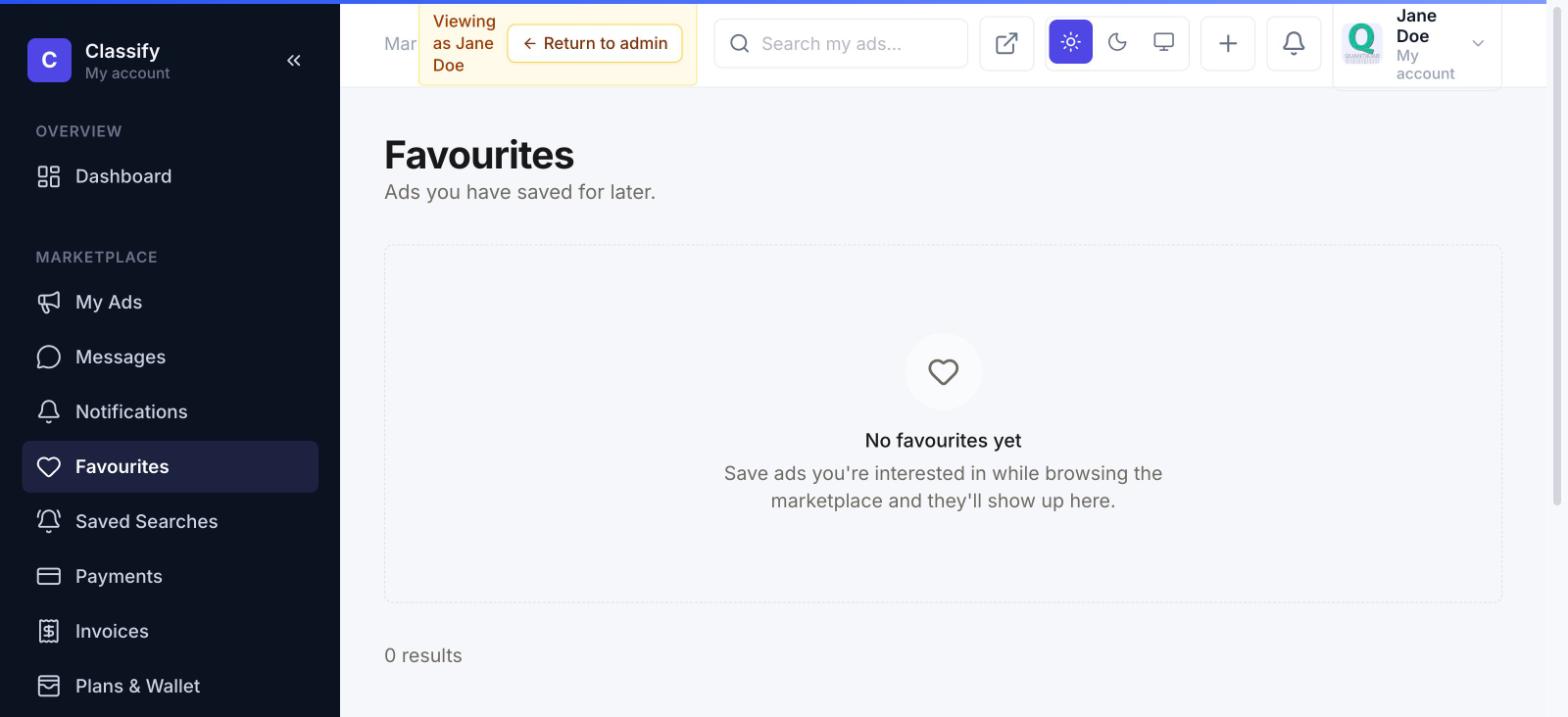 Favourites page, empty state