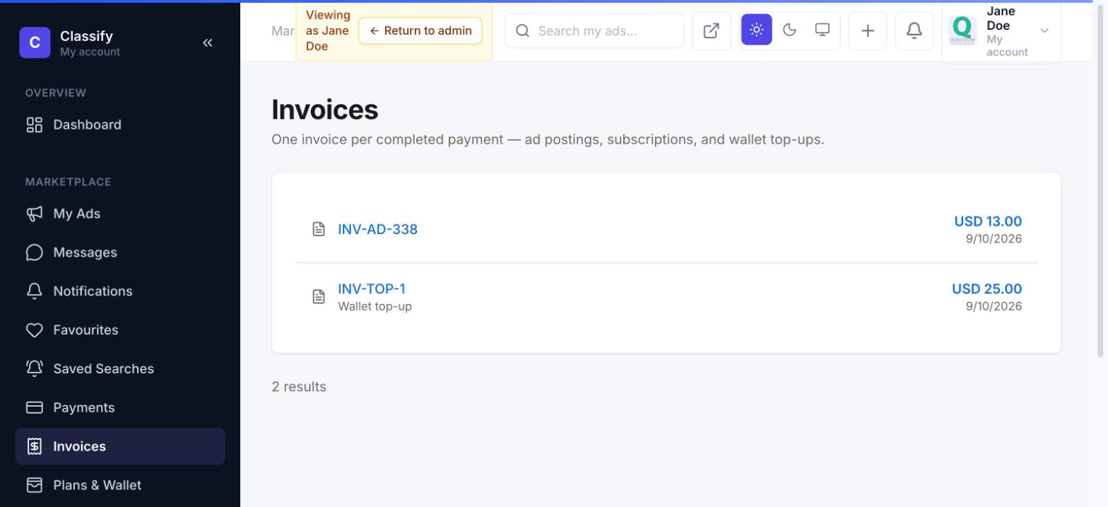 Invoices page