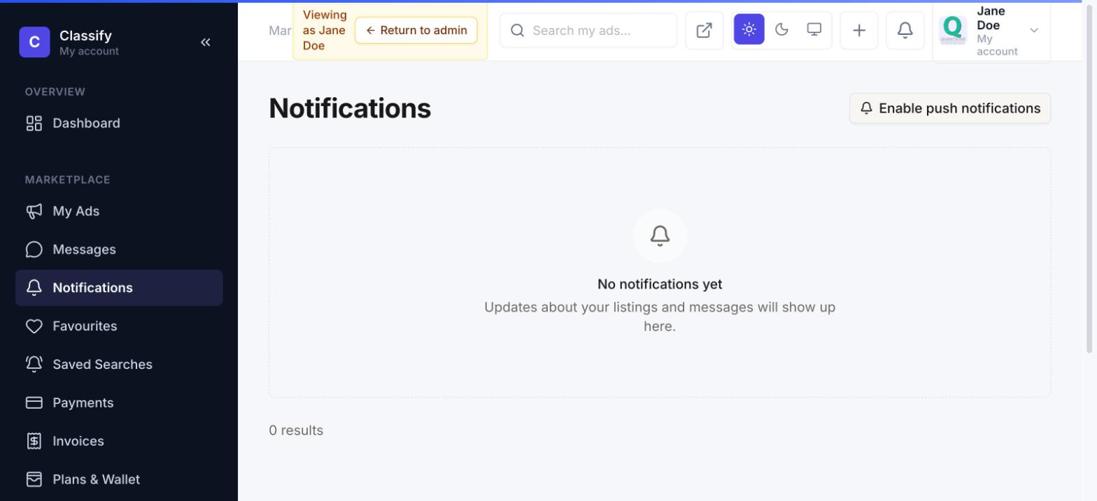 Notifications page, empty state