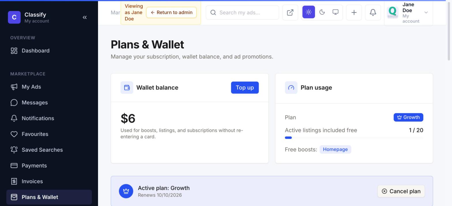 Plans and wallet page