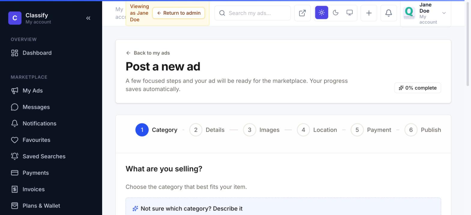Post a new ad wizard, step 1: category