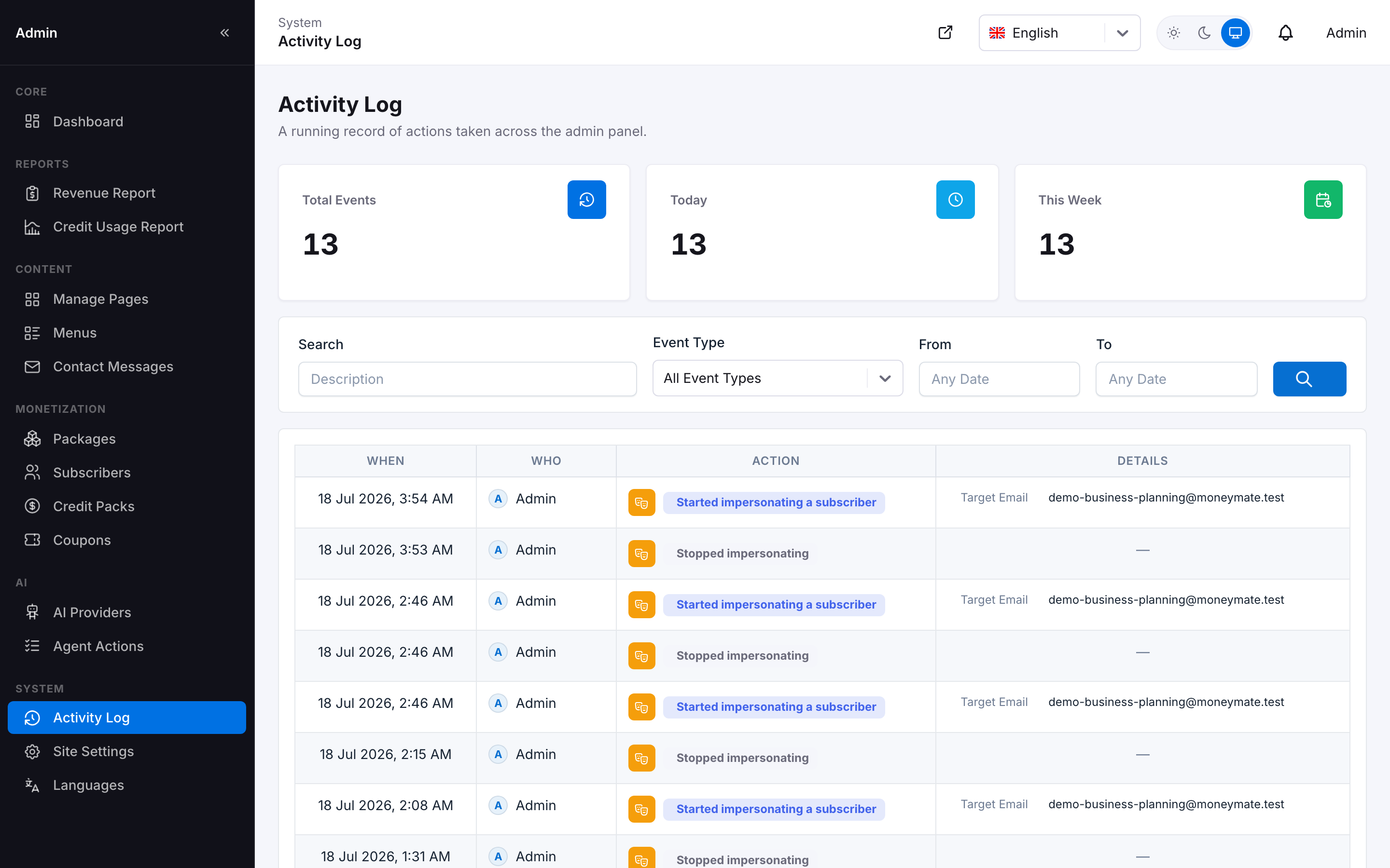 Activity Log — filters, summary cards, and a human-readable details column