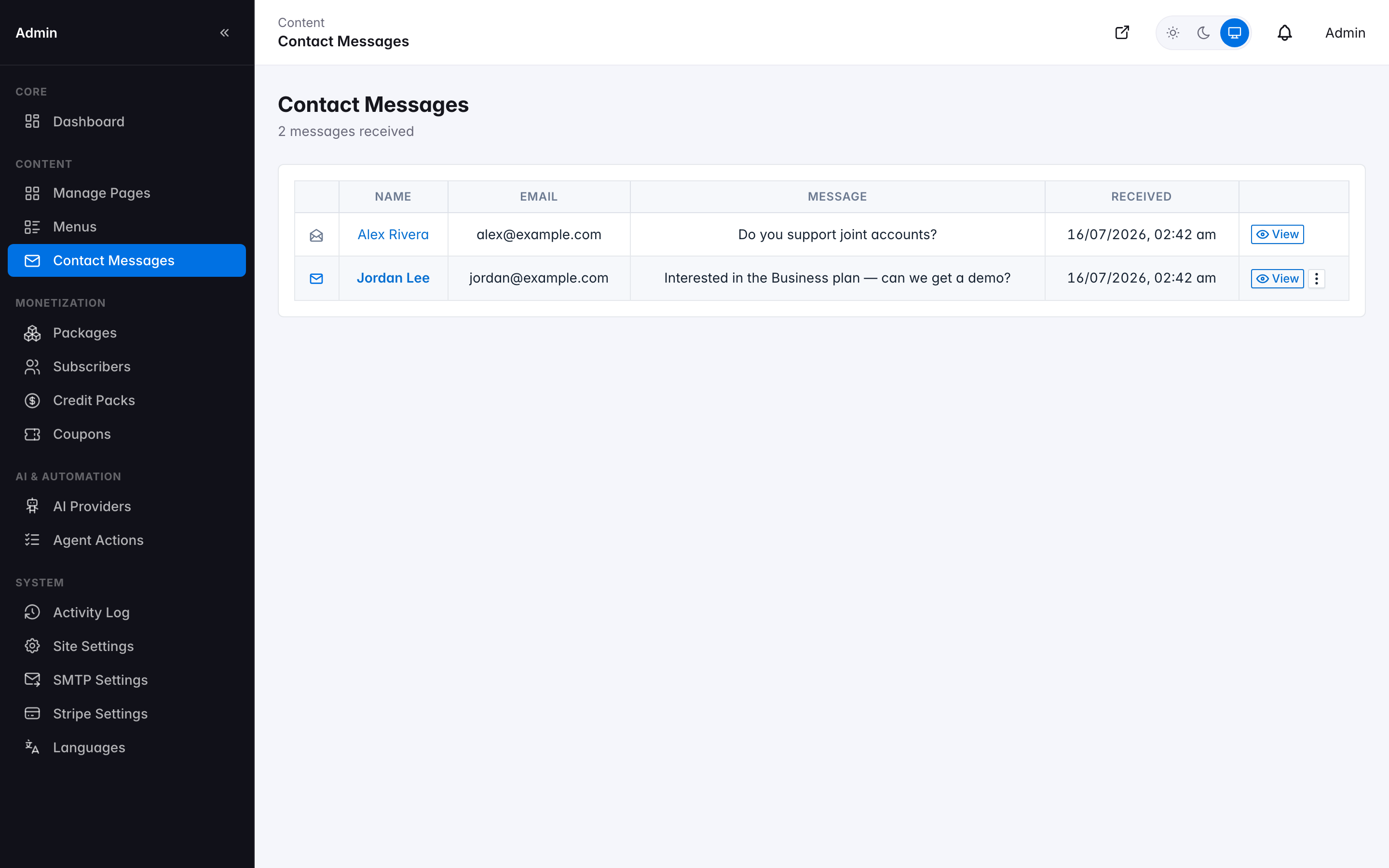 Contact Messages inbox