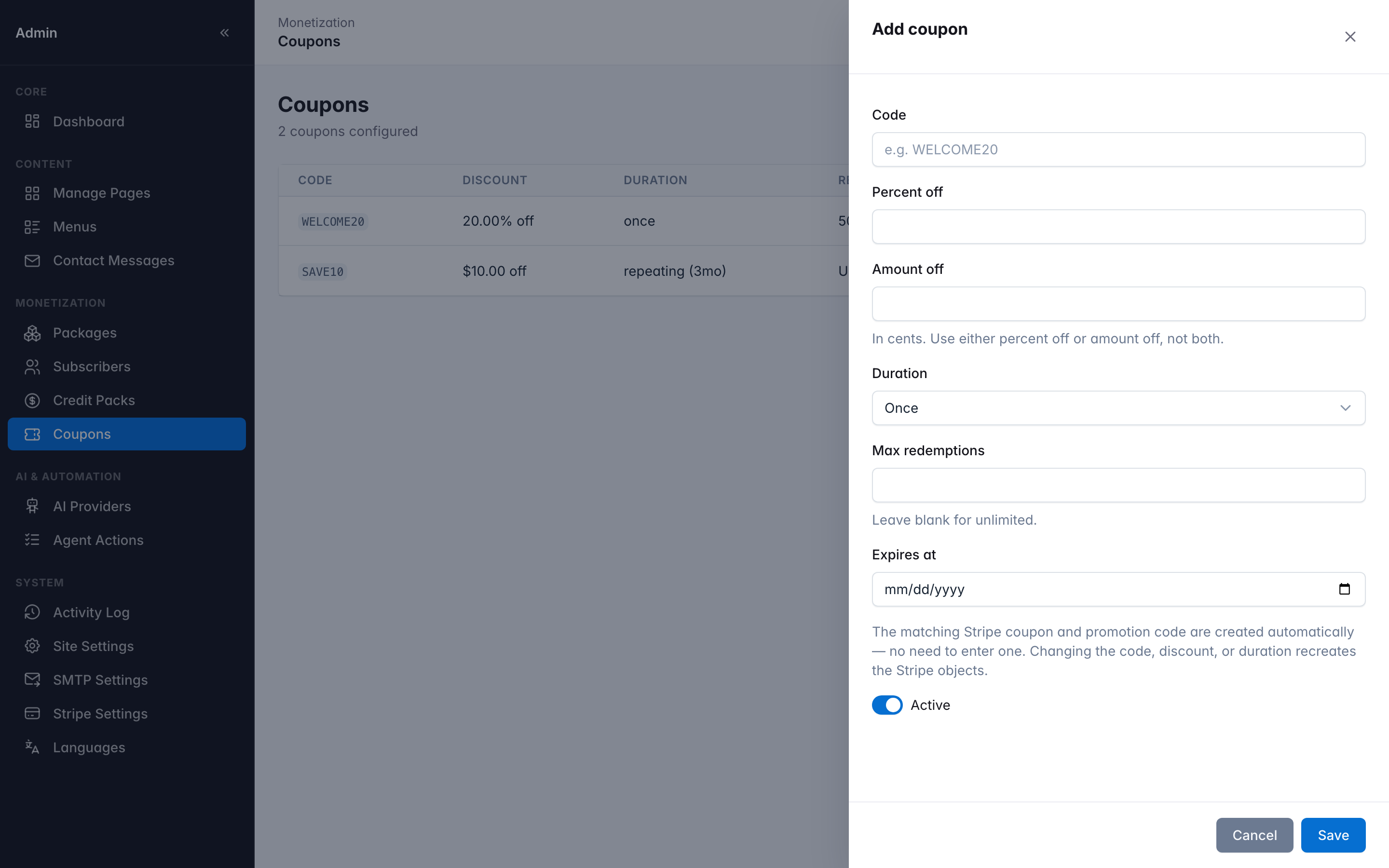 Create Coupon form