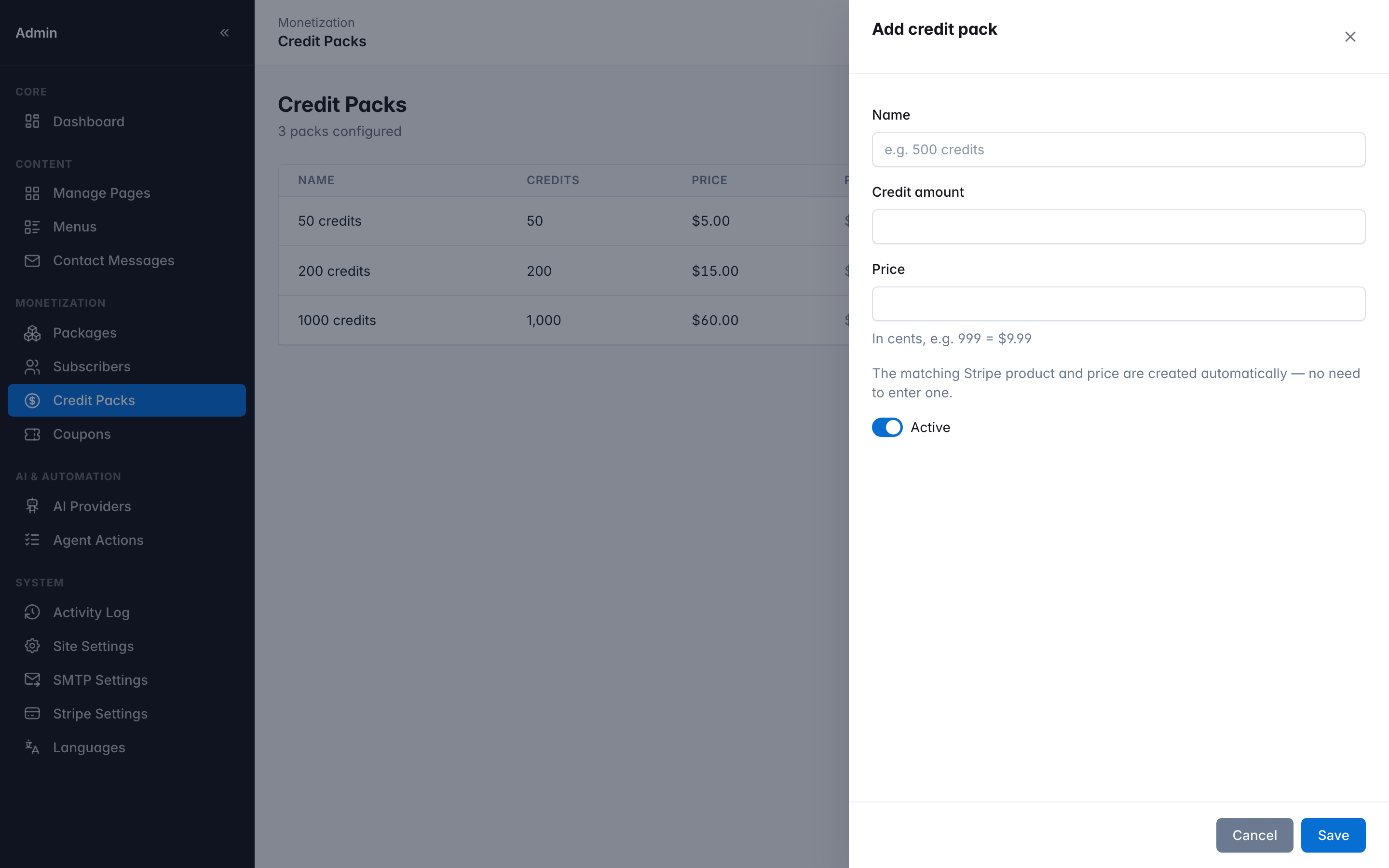 Create Credit Pack form