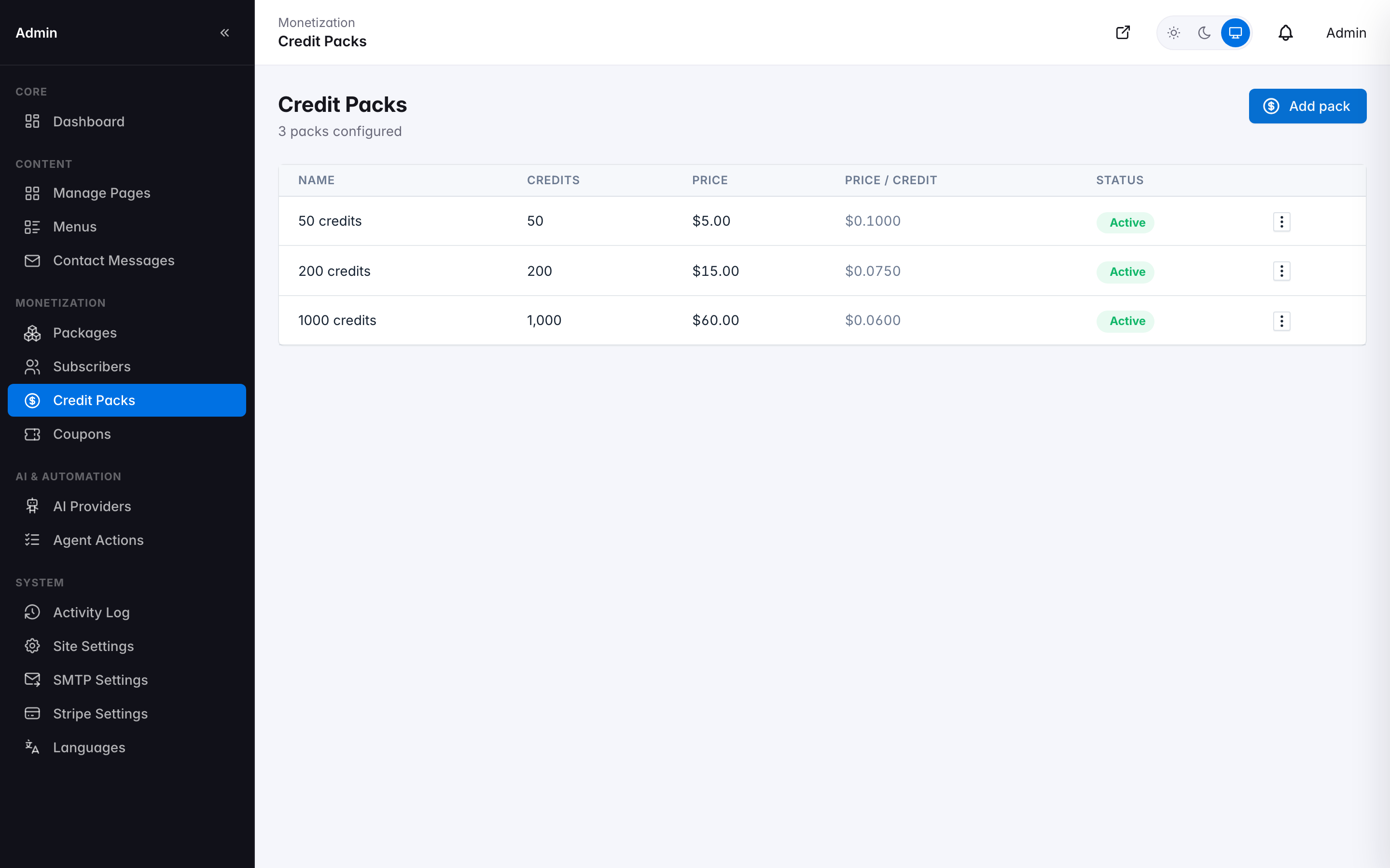 Credit Packs list