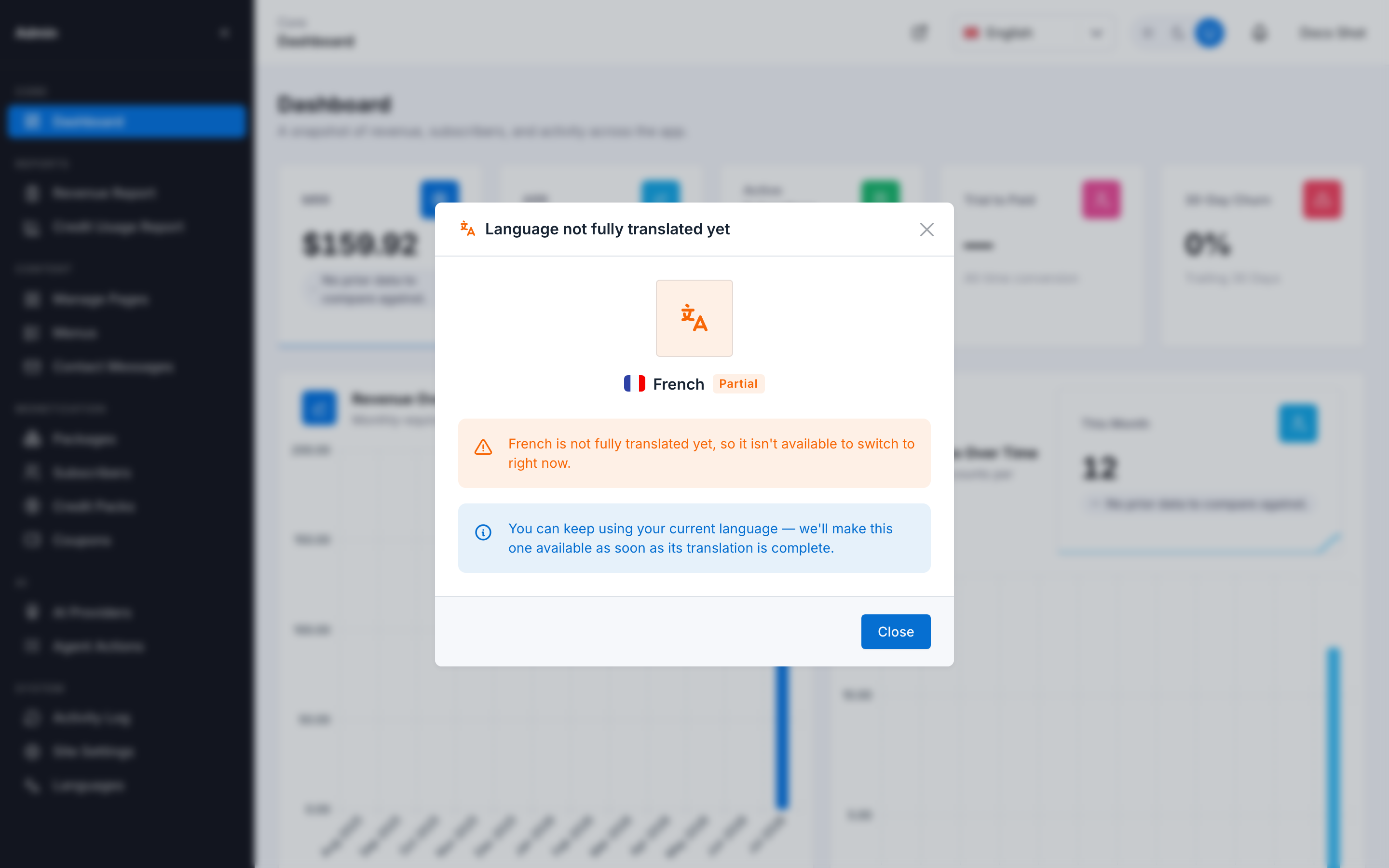 A modal explaining that French is not fully translated yet and switching was blocked