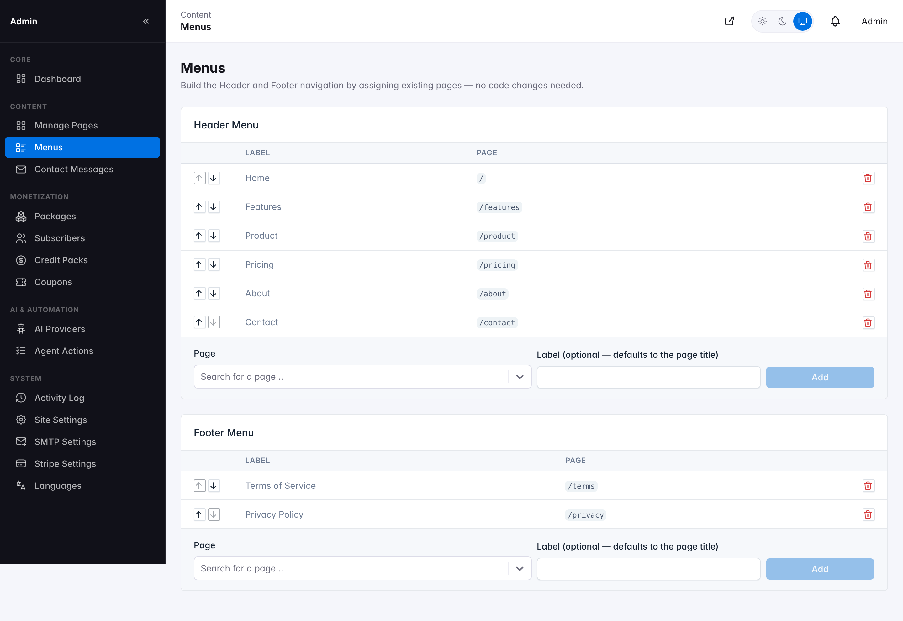 Menu builder — Header Menu and Footer Menu