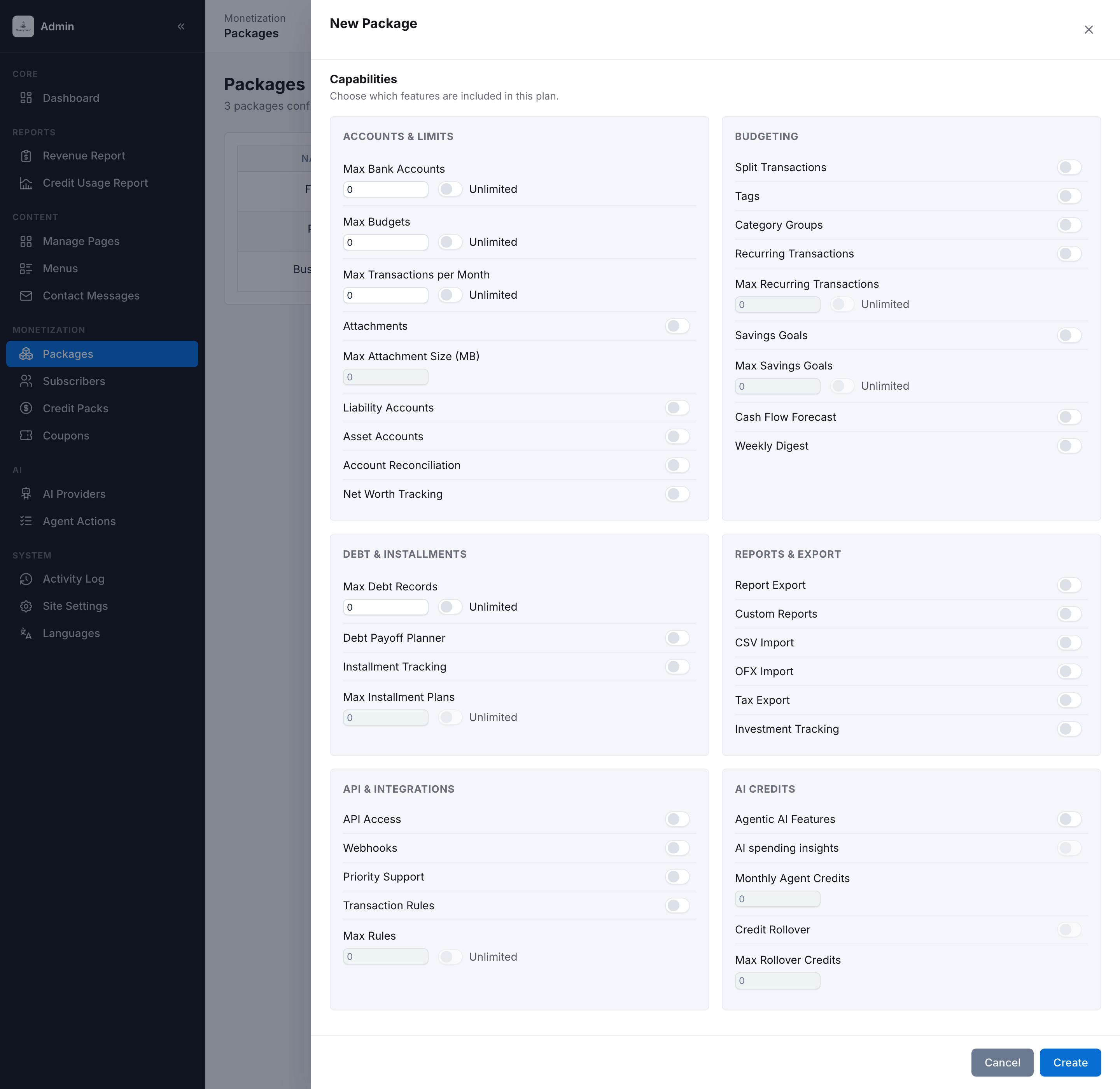 Creating a package — the capability matrix, grouped by category