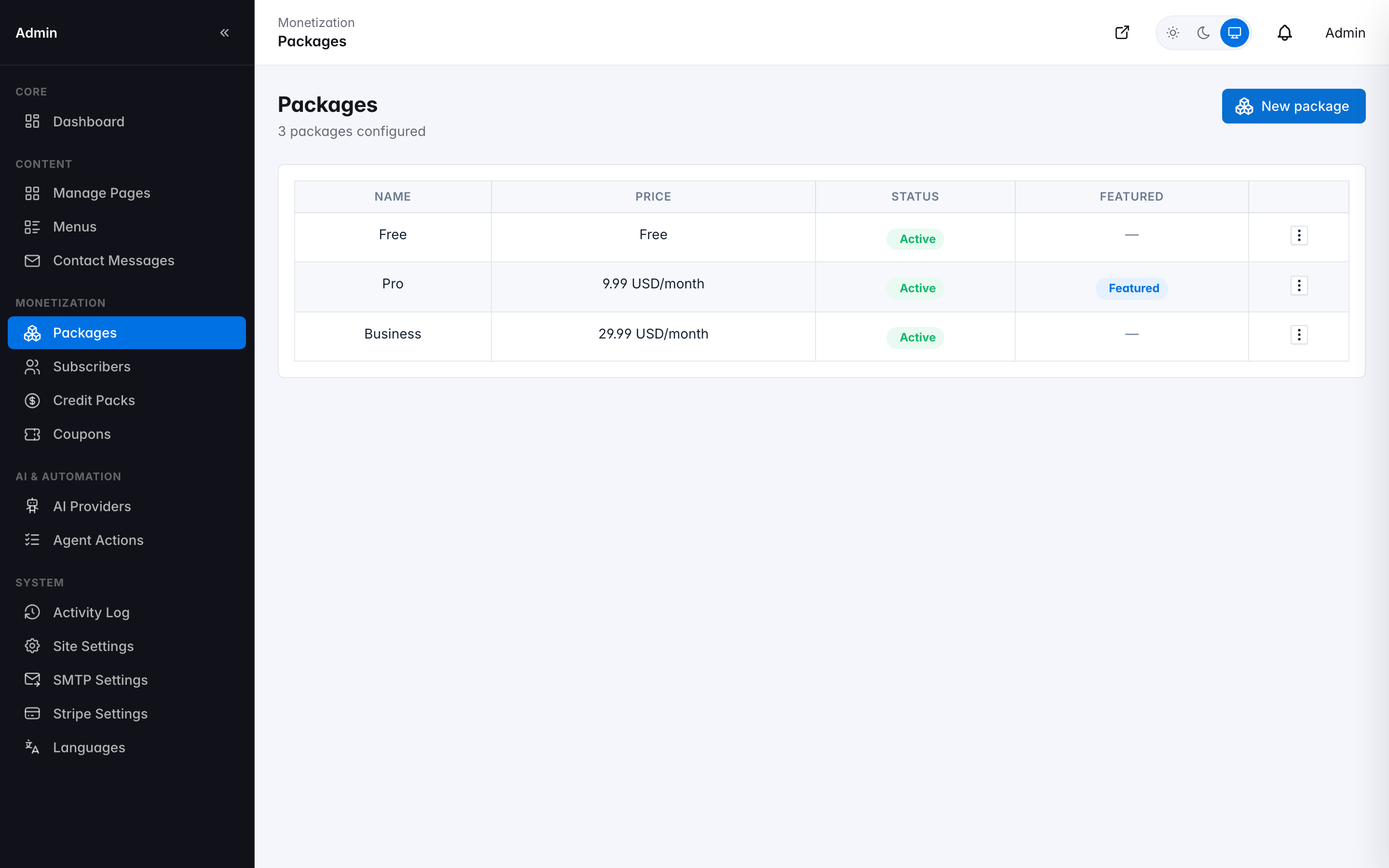 Packages — pricing tiers and feature matrix