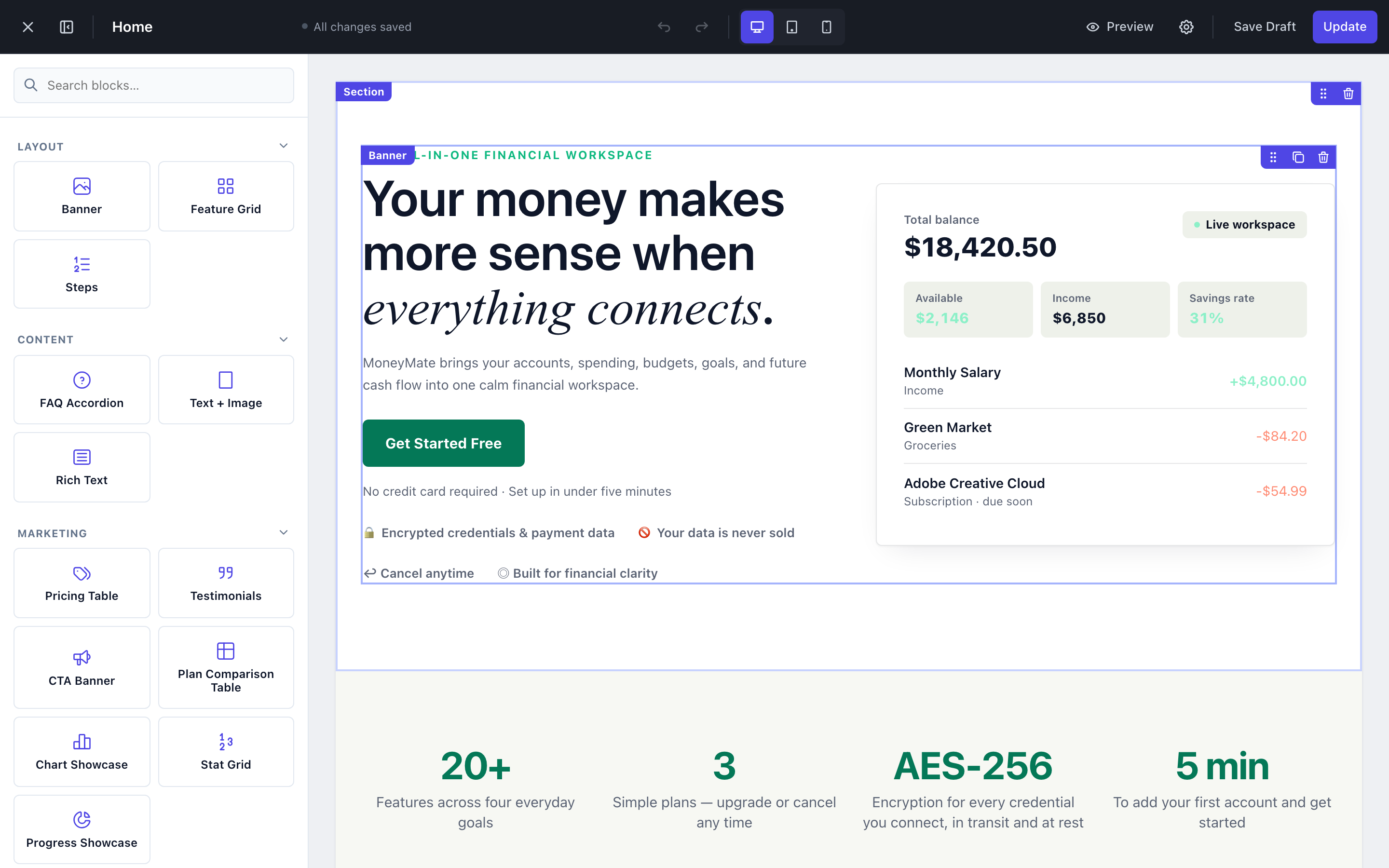 Editing the Home page — sections, blocks, and the live edit panel