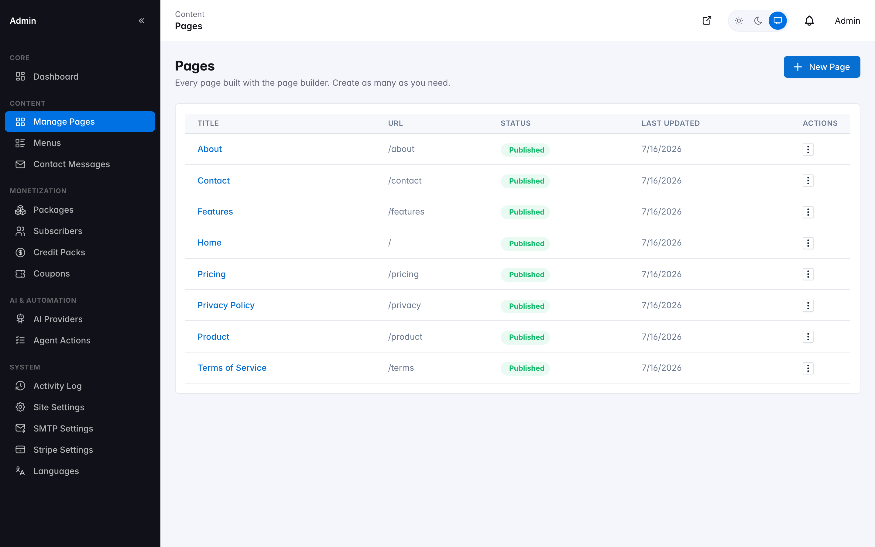 Manage Pages — every marketing page in one list
