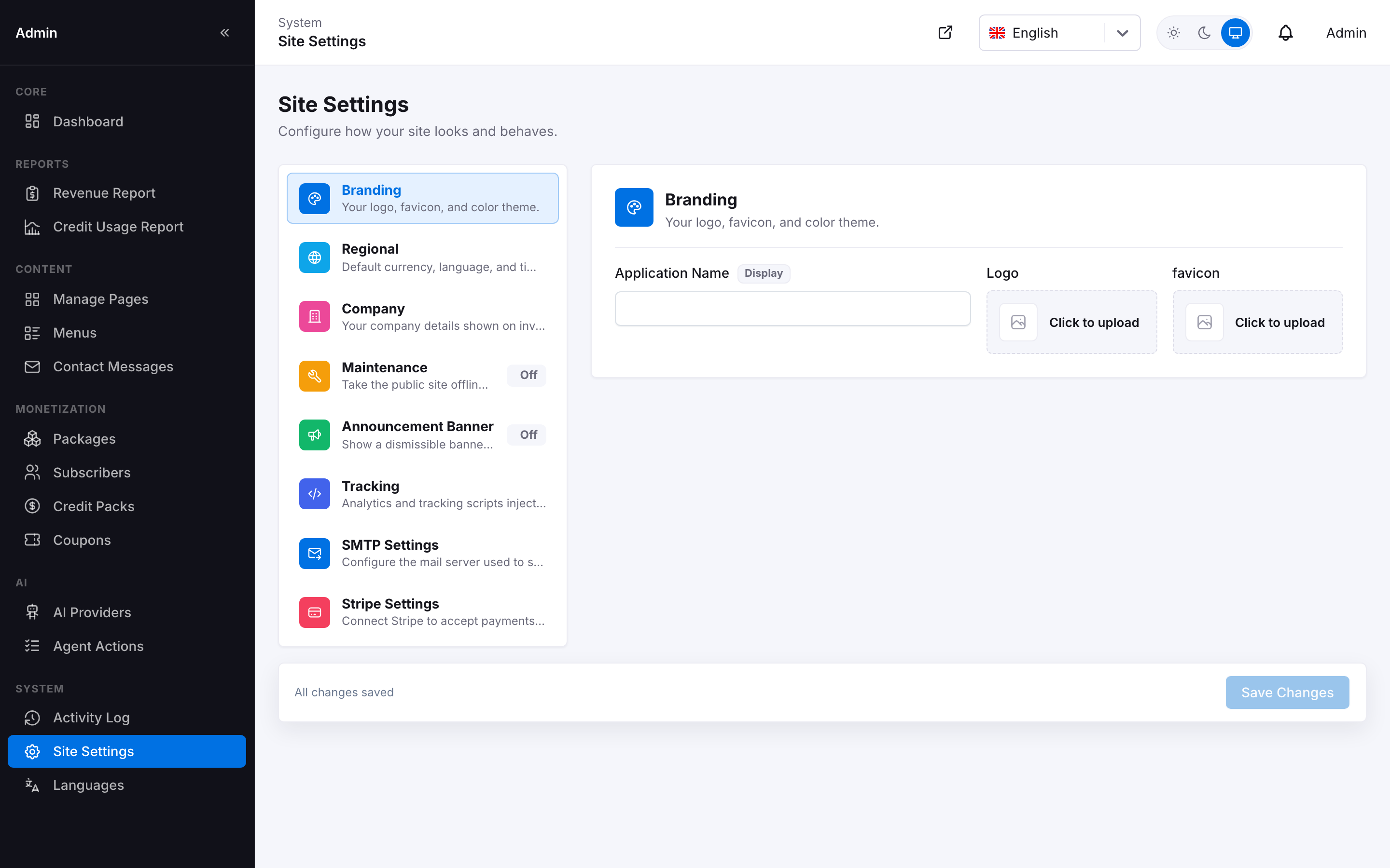 Site Settings — Branding section, with the full section list on the left