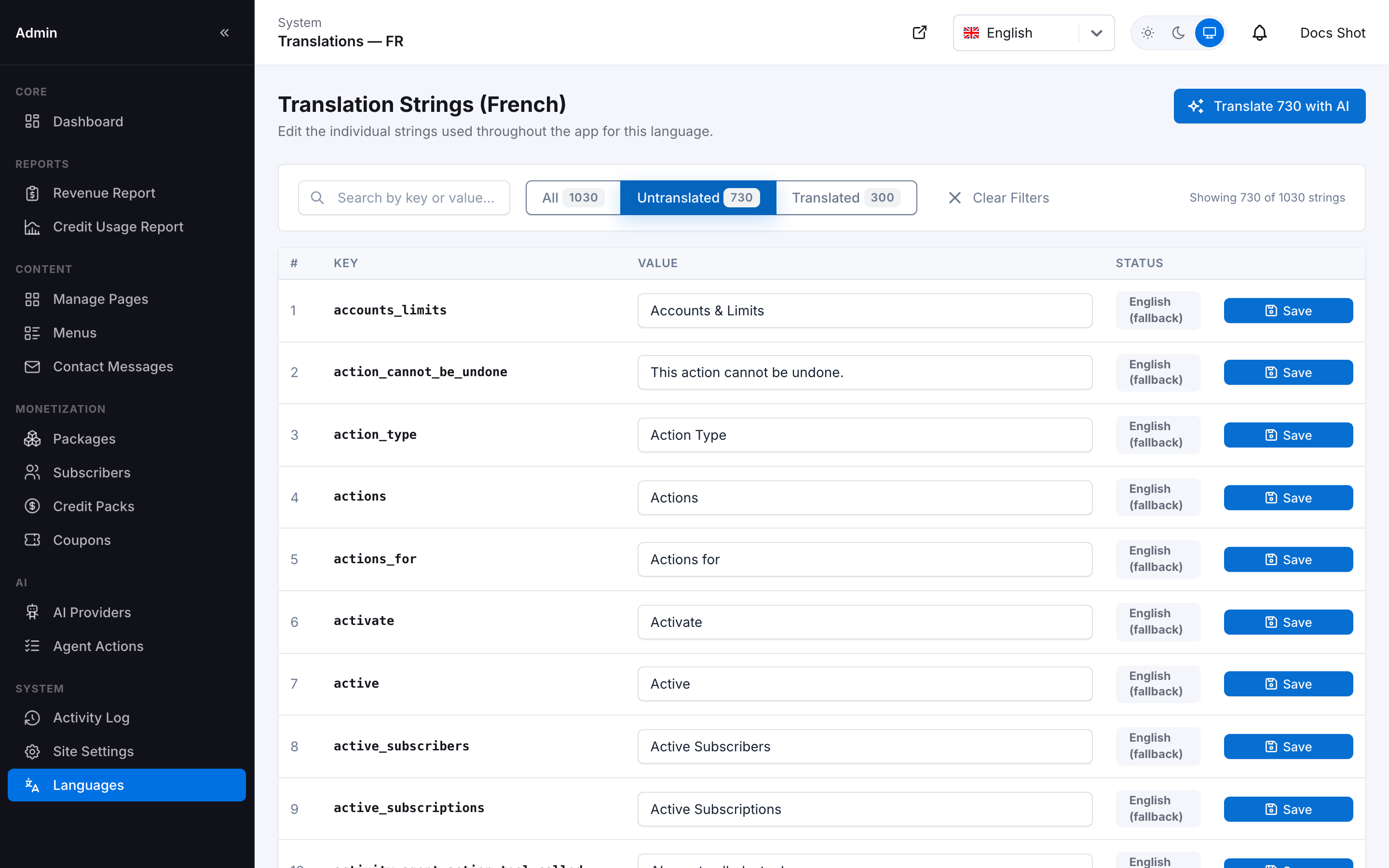 Translation editor with the Untranslated filter selected, showing a live count and a search box