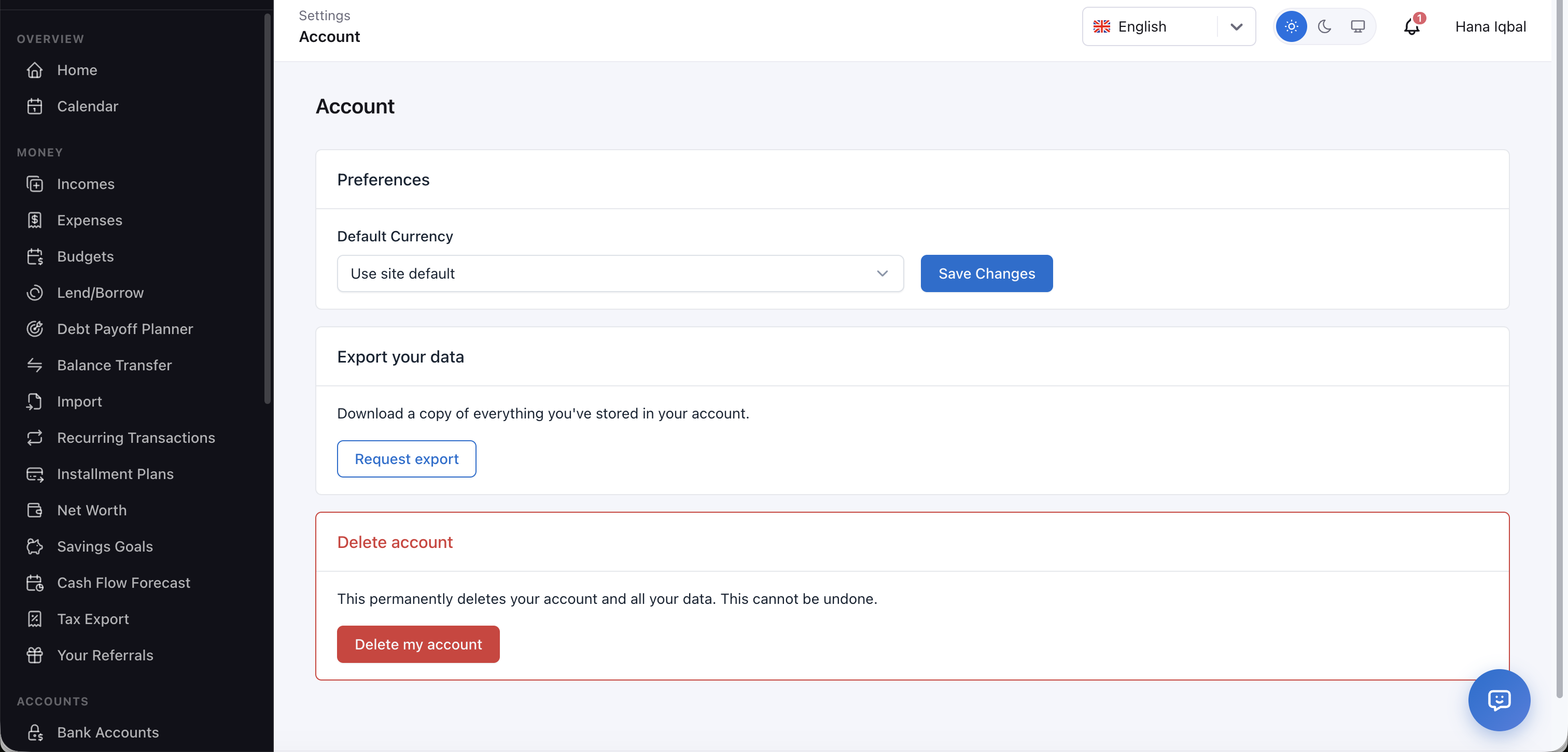 Account settings — data export and deletion