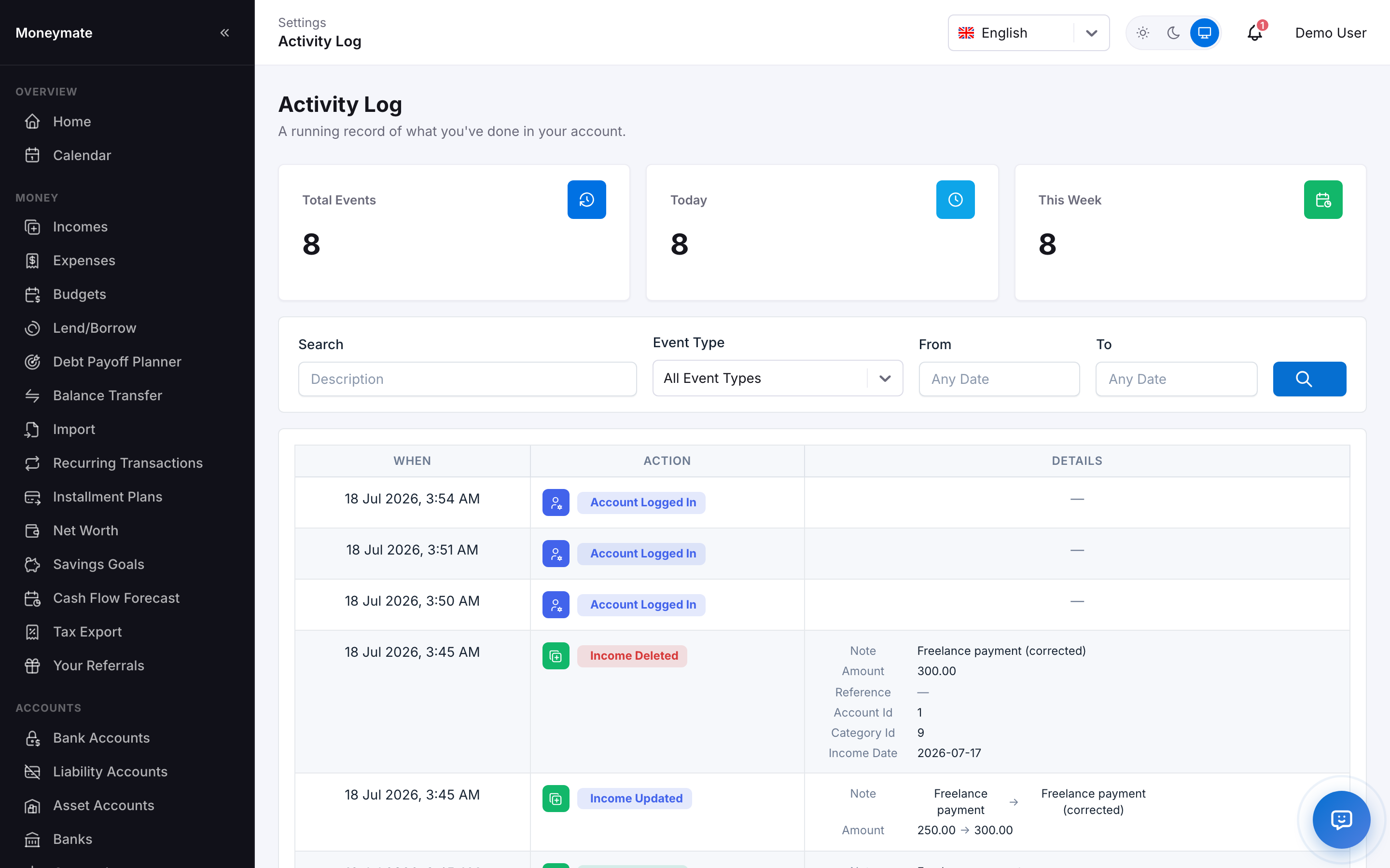 A subscriber's own Activity Log, showing an edited income entry's before → after change