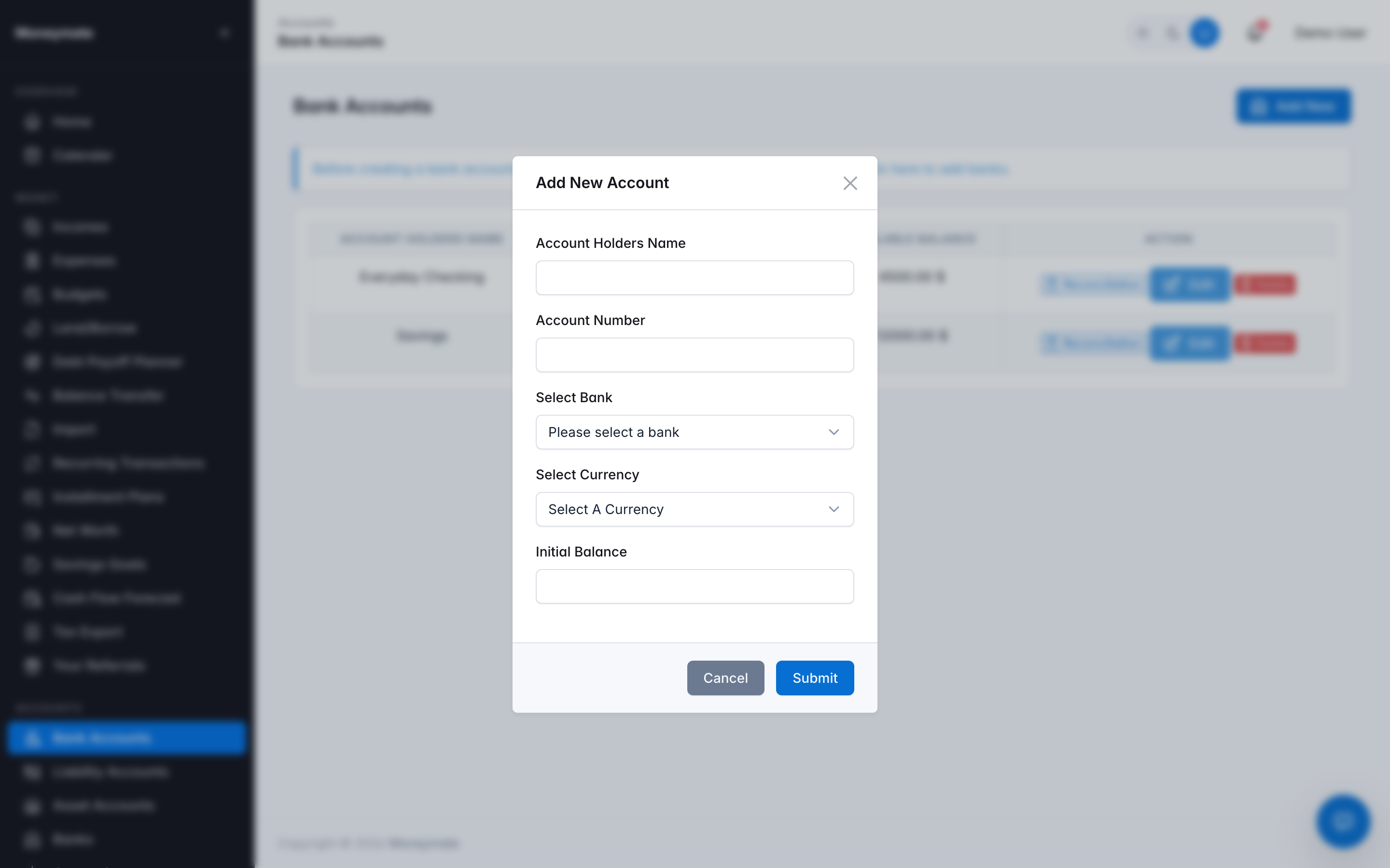 Add Bank Account form
