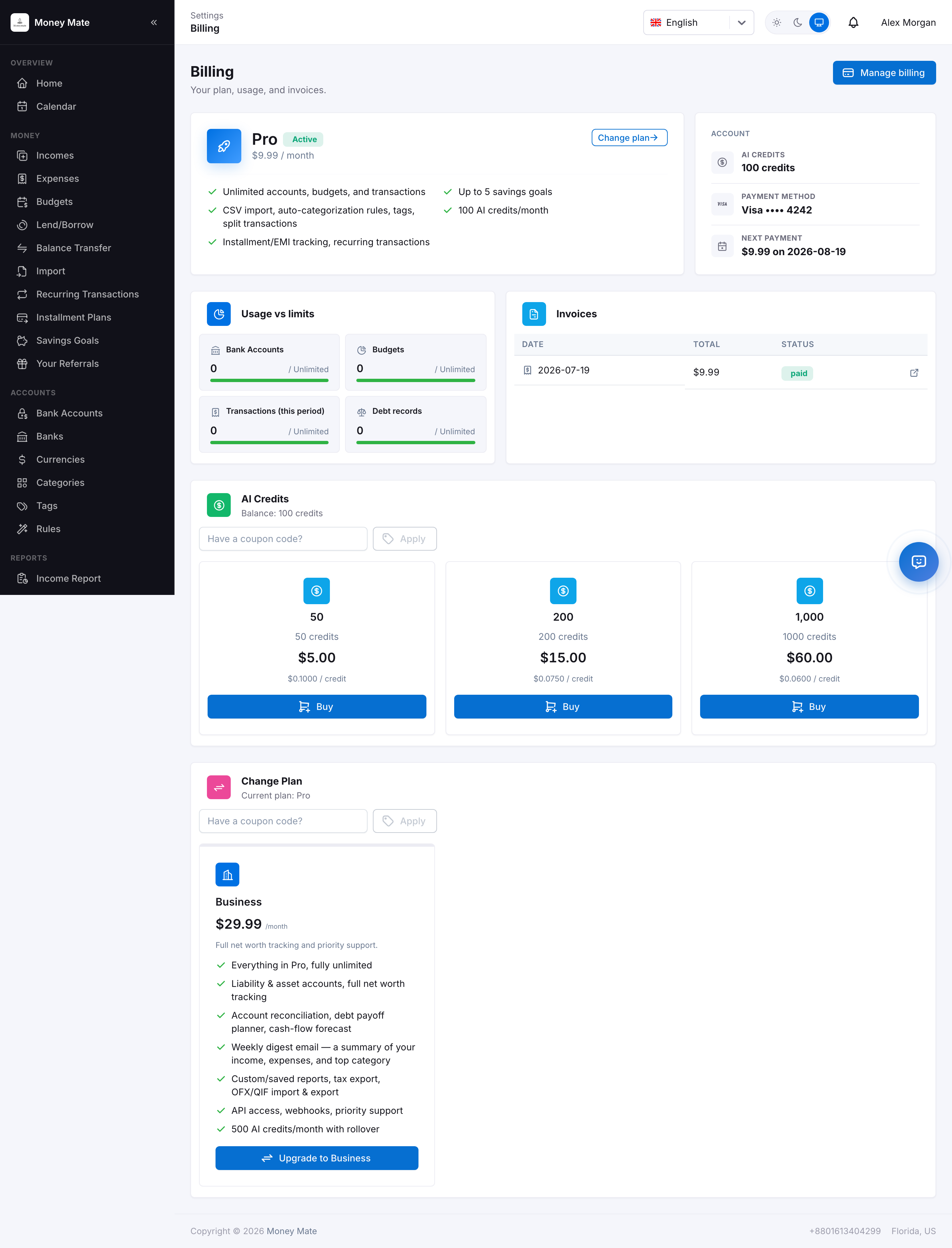 Billing — plan overview, account panel, usage, invoices, credit packs, and Change Plan