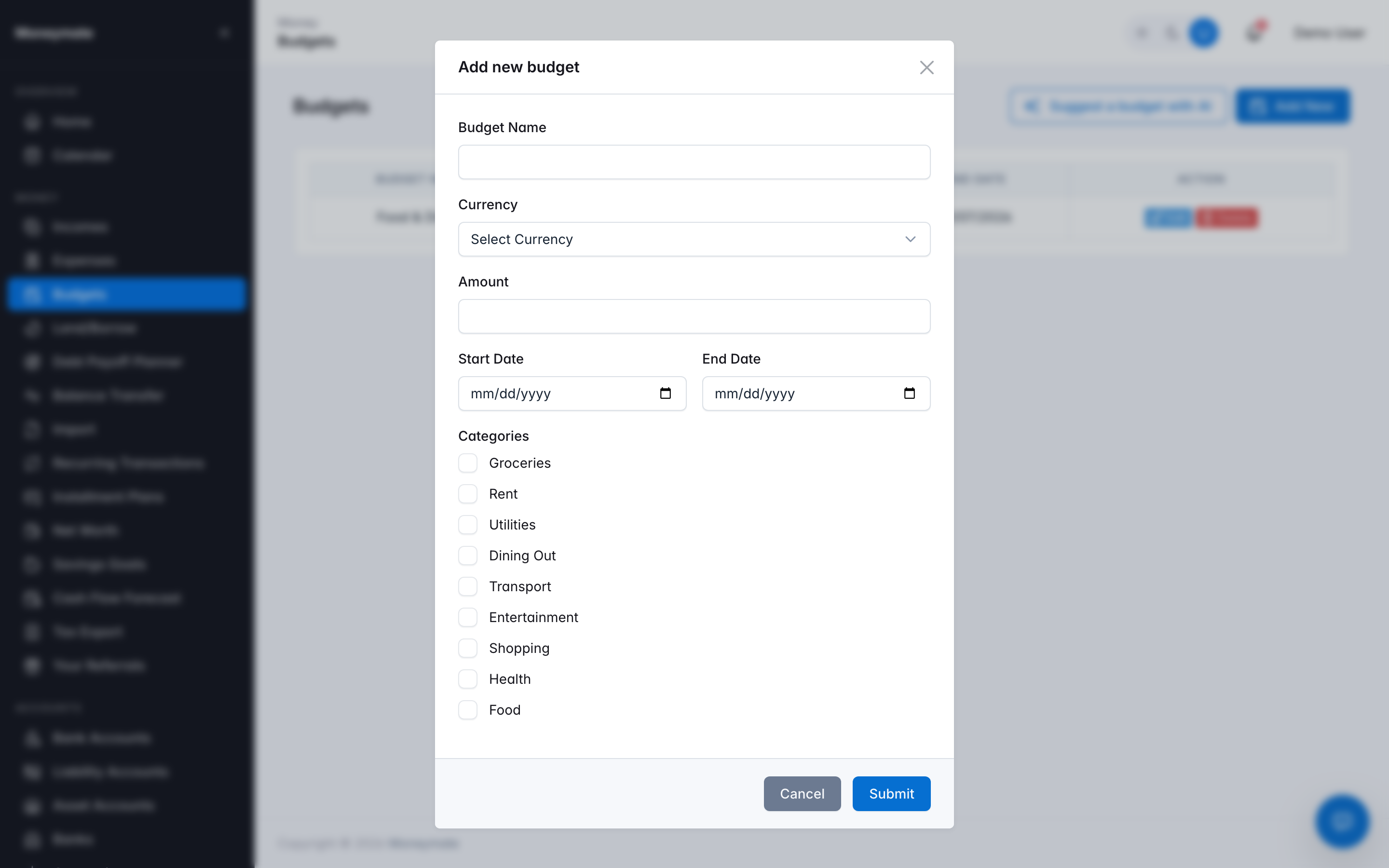 Create Budget form