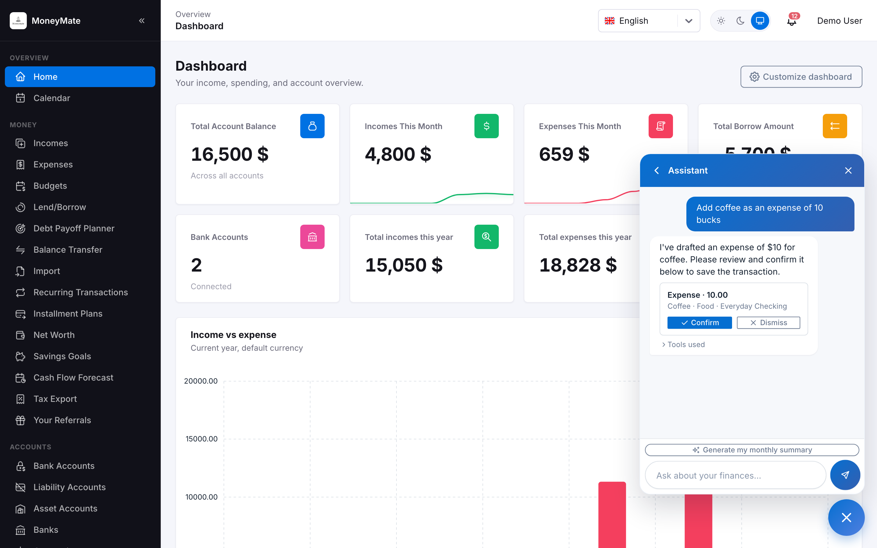 AI Chat Assistant drawer, drafting an expense from a plain-English request