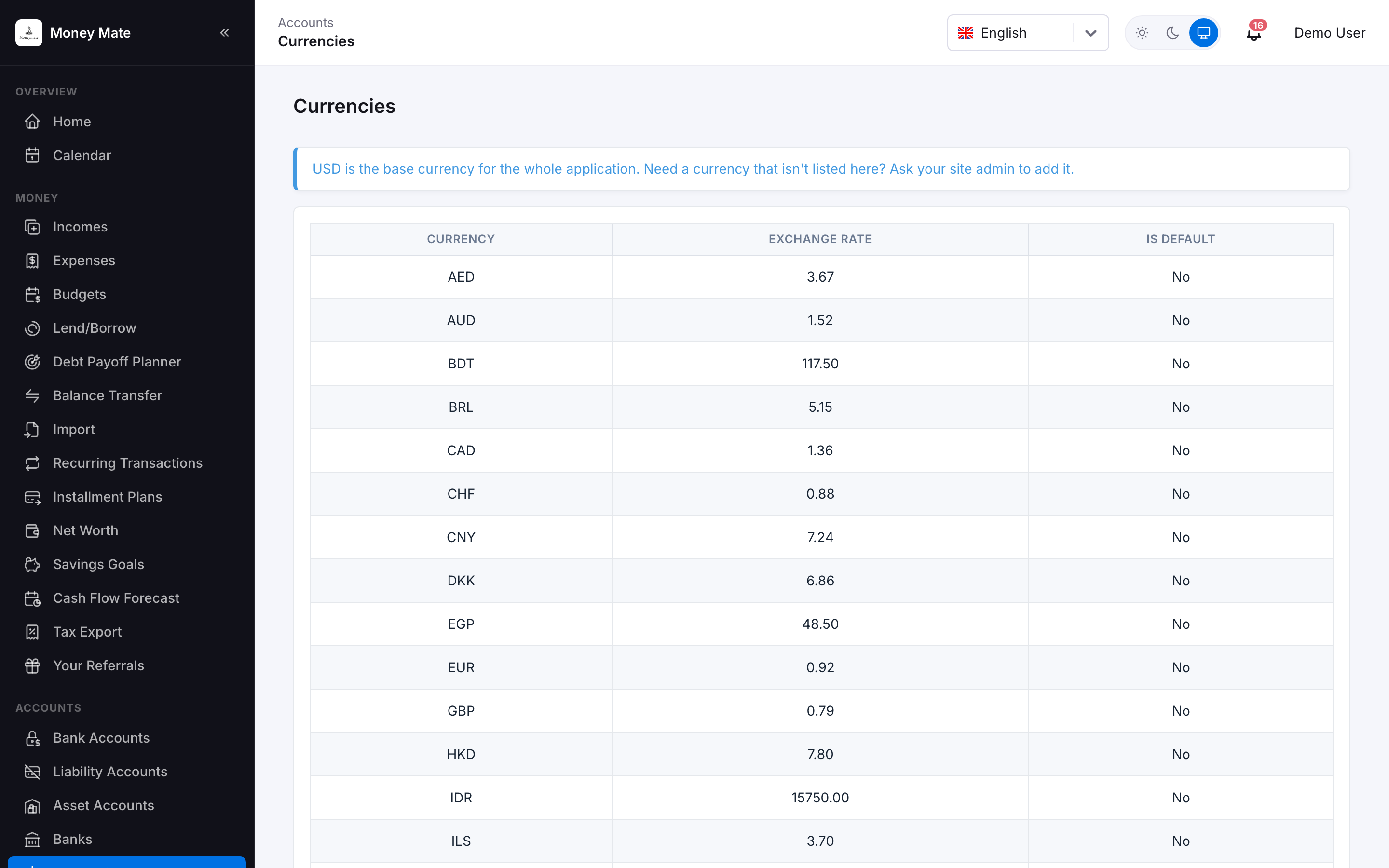 Currencies — read-only list of available currencies and their exchange rates