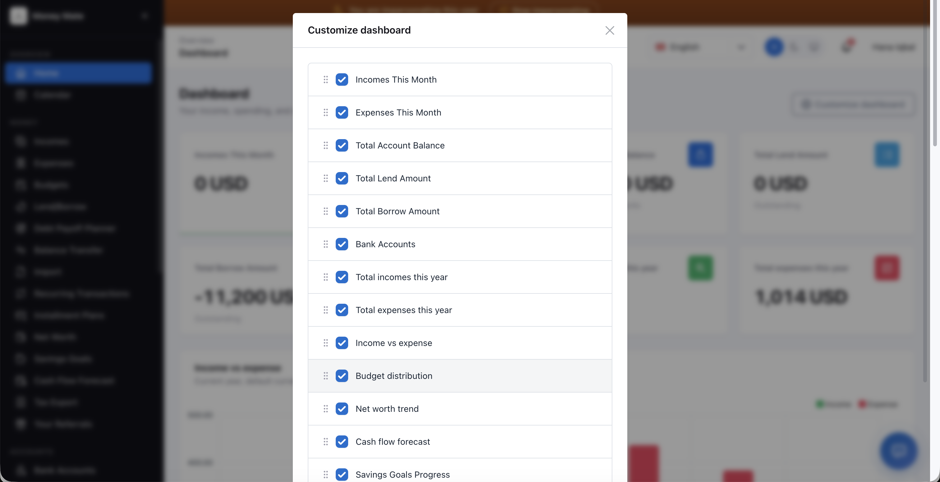 Customize Dashboard drawer, including the plan-gated Net worth trend, Cash flow forecast, and Savings Goals Progress widgets
