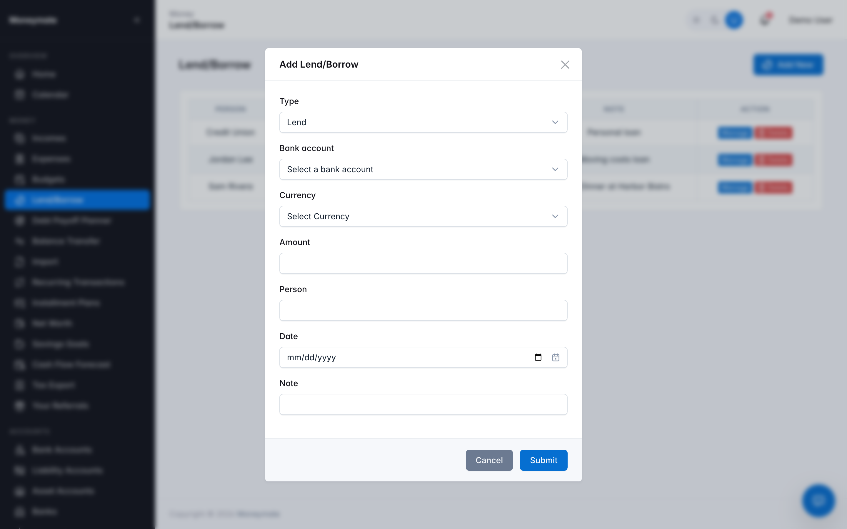 Add a Lend / Borrow record