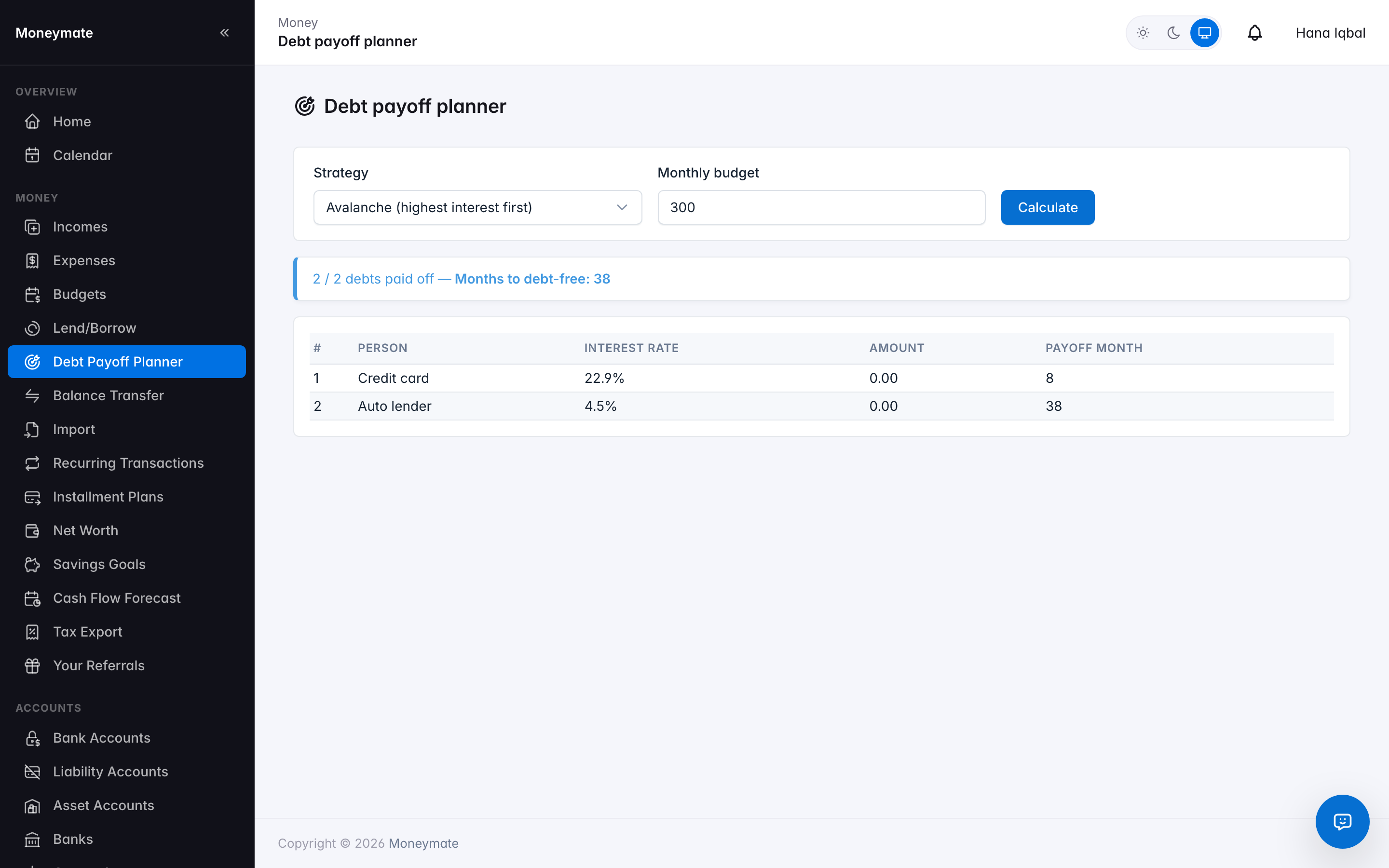 Debt Payoff Planner — avalanche strategy simulation