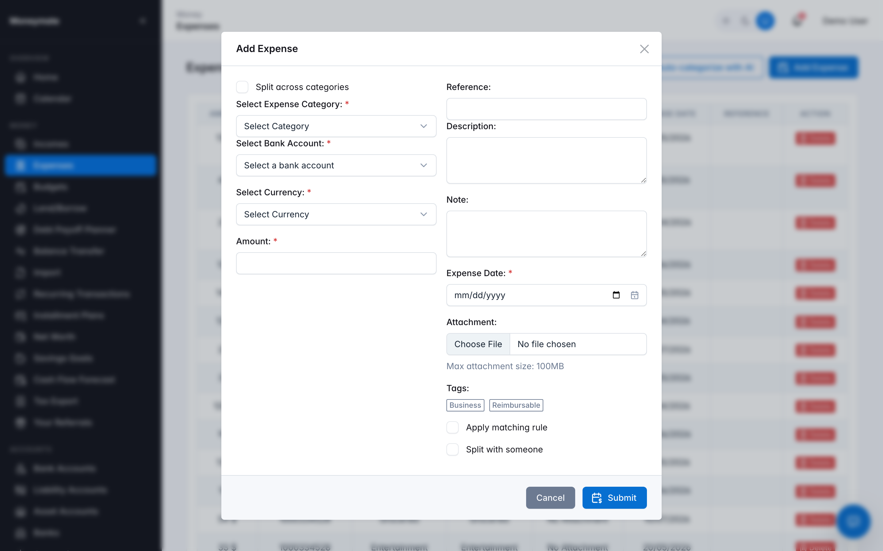 Add Expense form — split, attachment, tags, and rule application