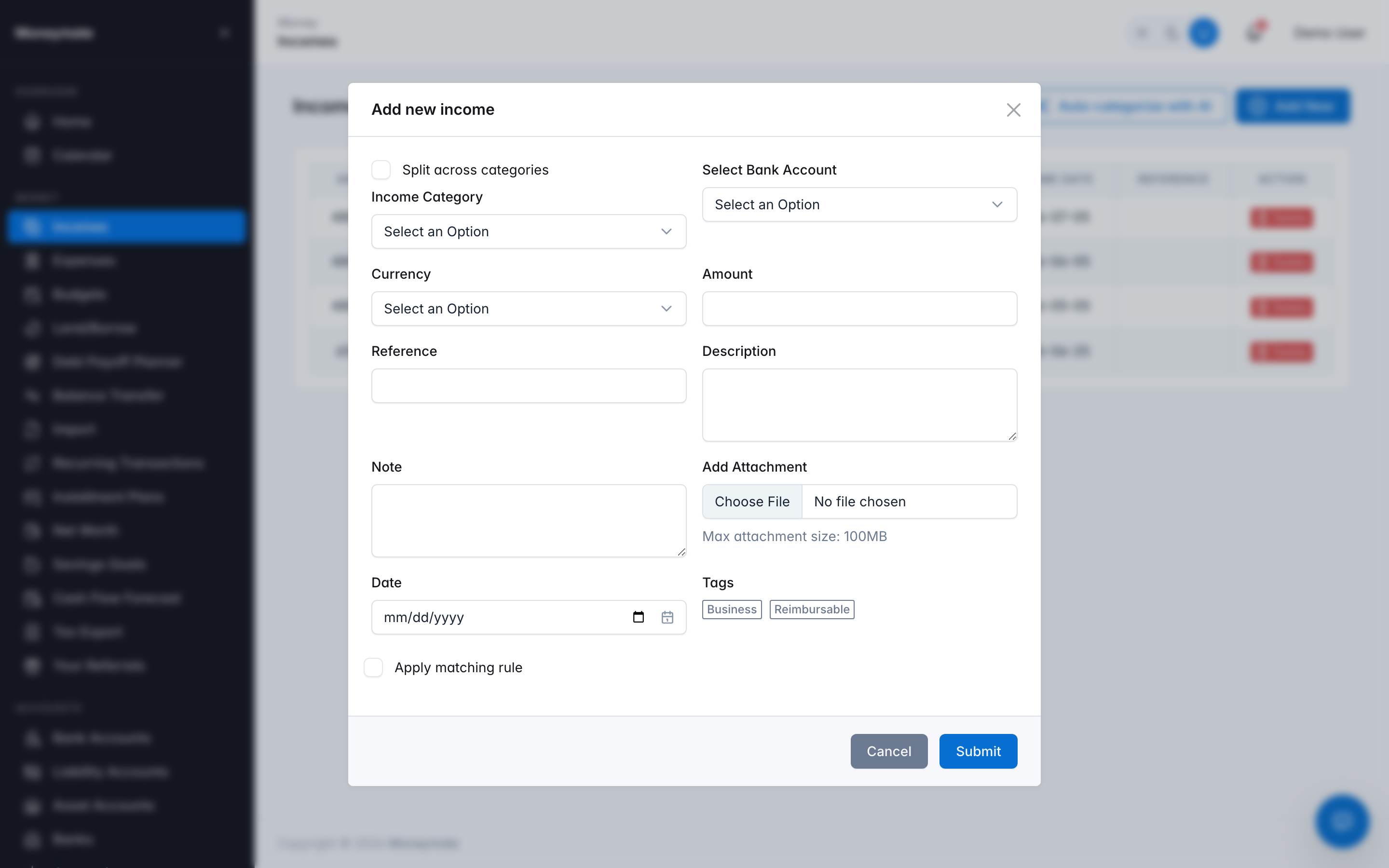 Add Income form