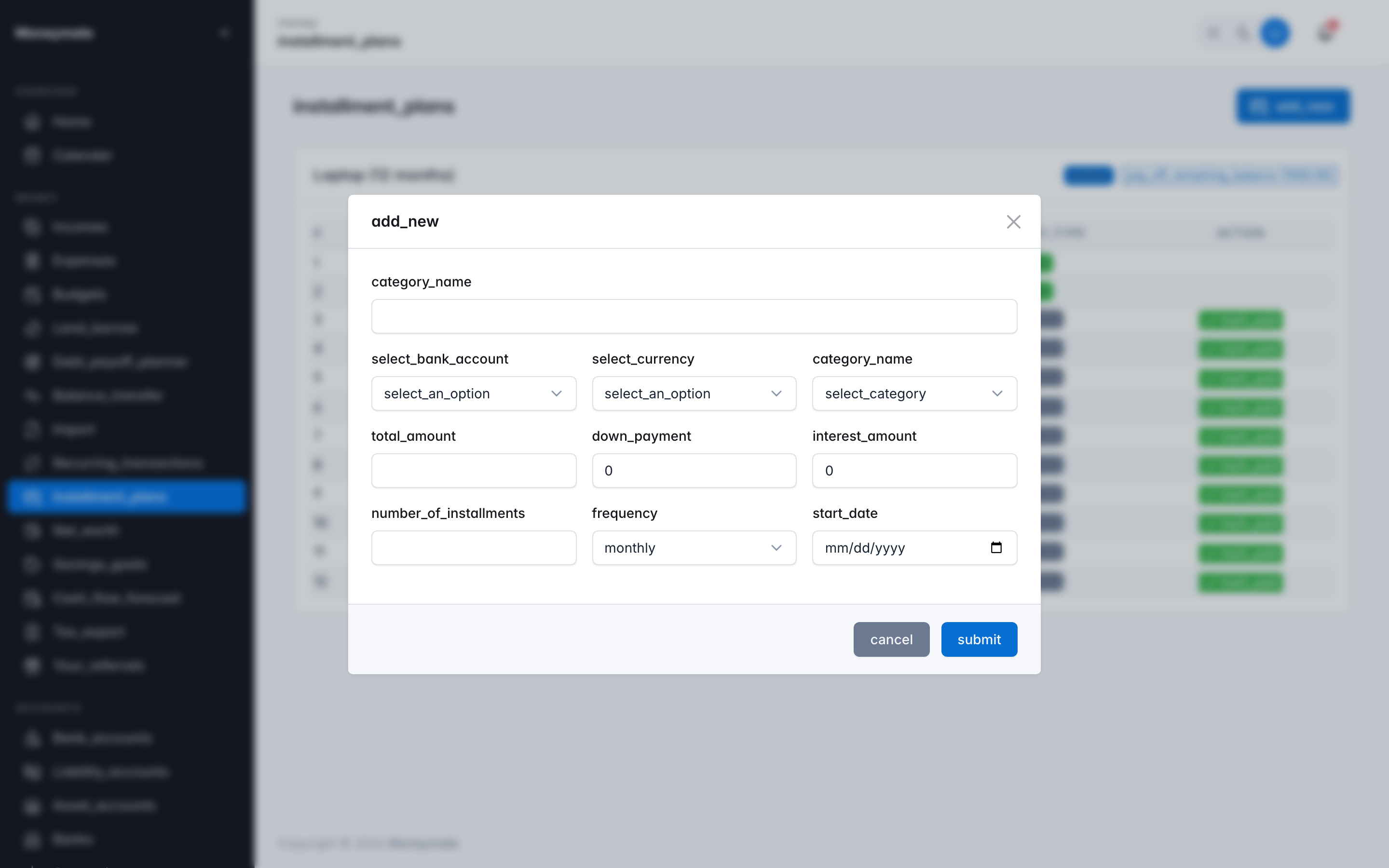 Create Installment Plan form