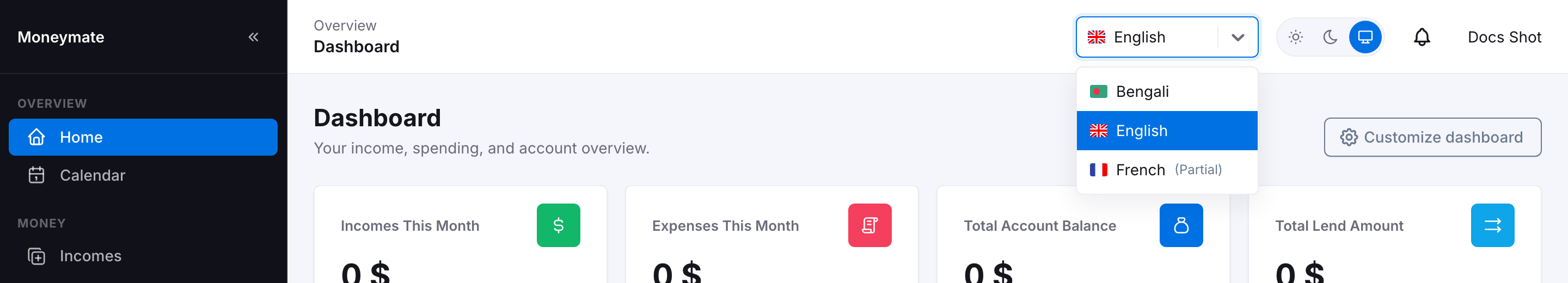 The header language switcher open in the user app, listing English and a partially-translated language flagged (Partial)
