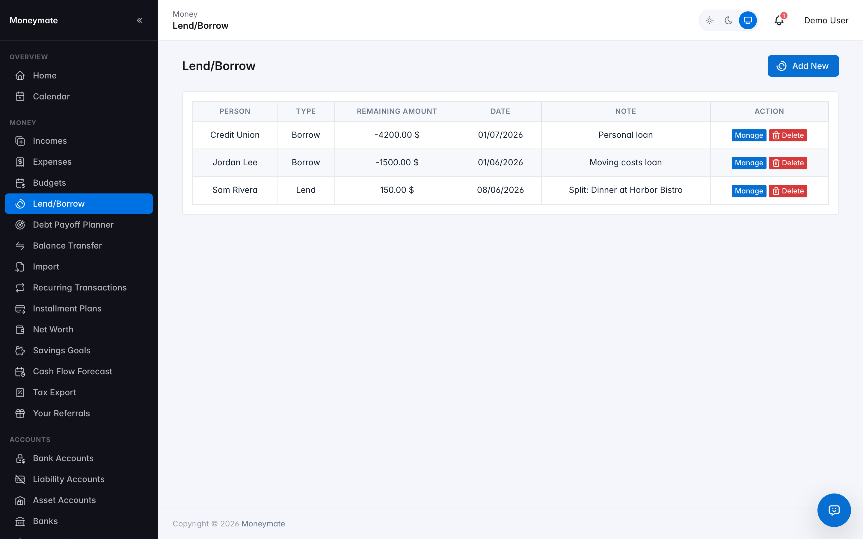 Lend / Borrow ledger
