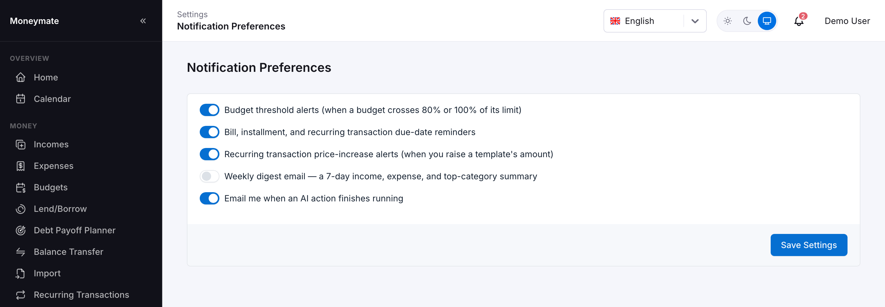 Notification Preferences, including the recurring transaction price-increase alerts toggle