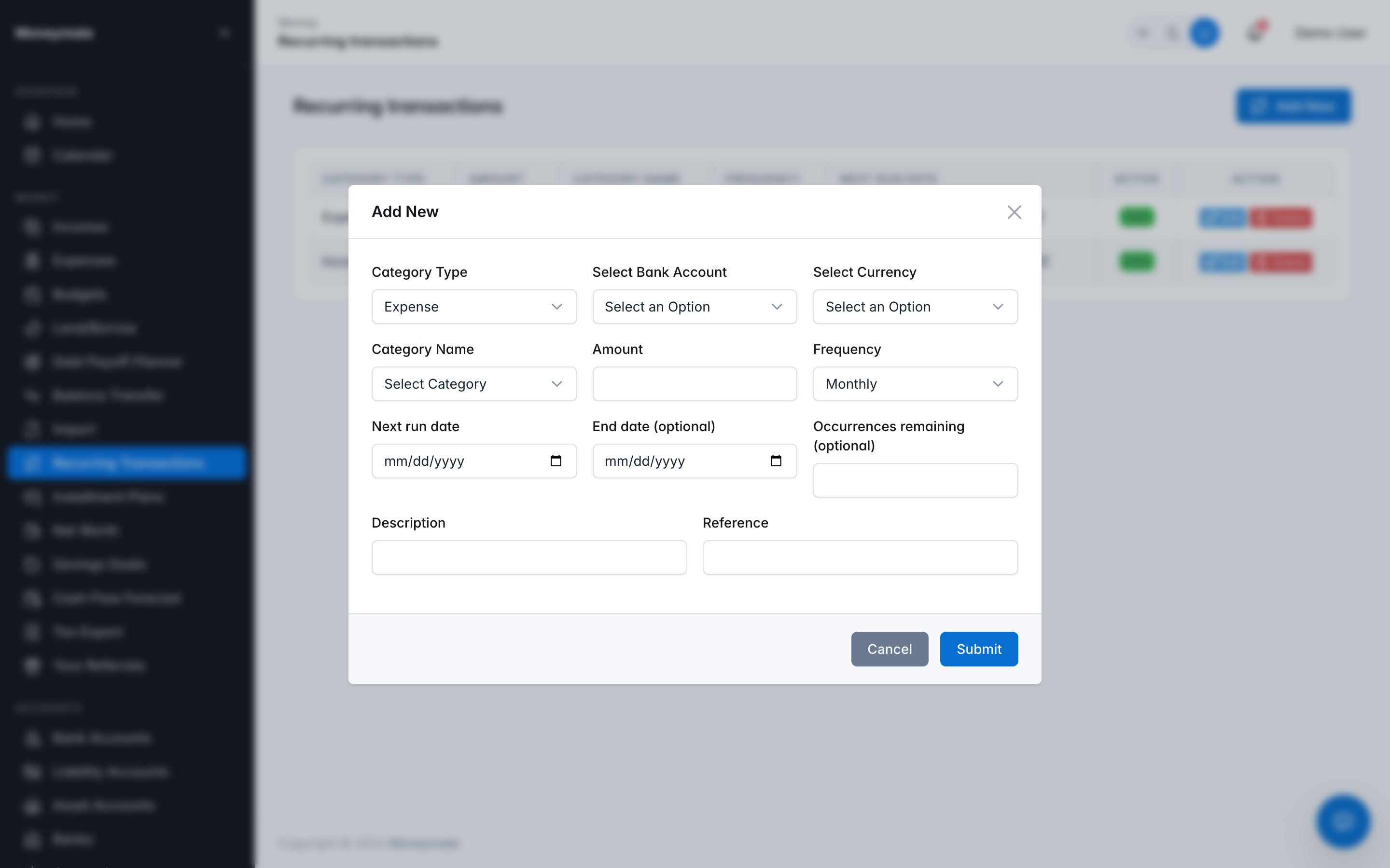 Create Recurring Transaction form
