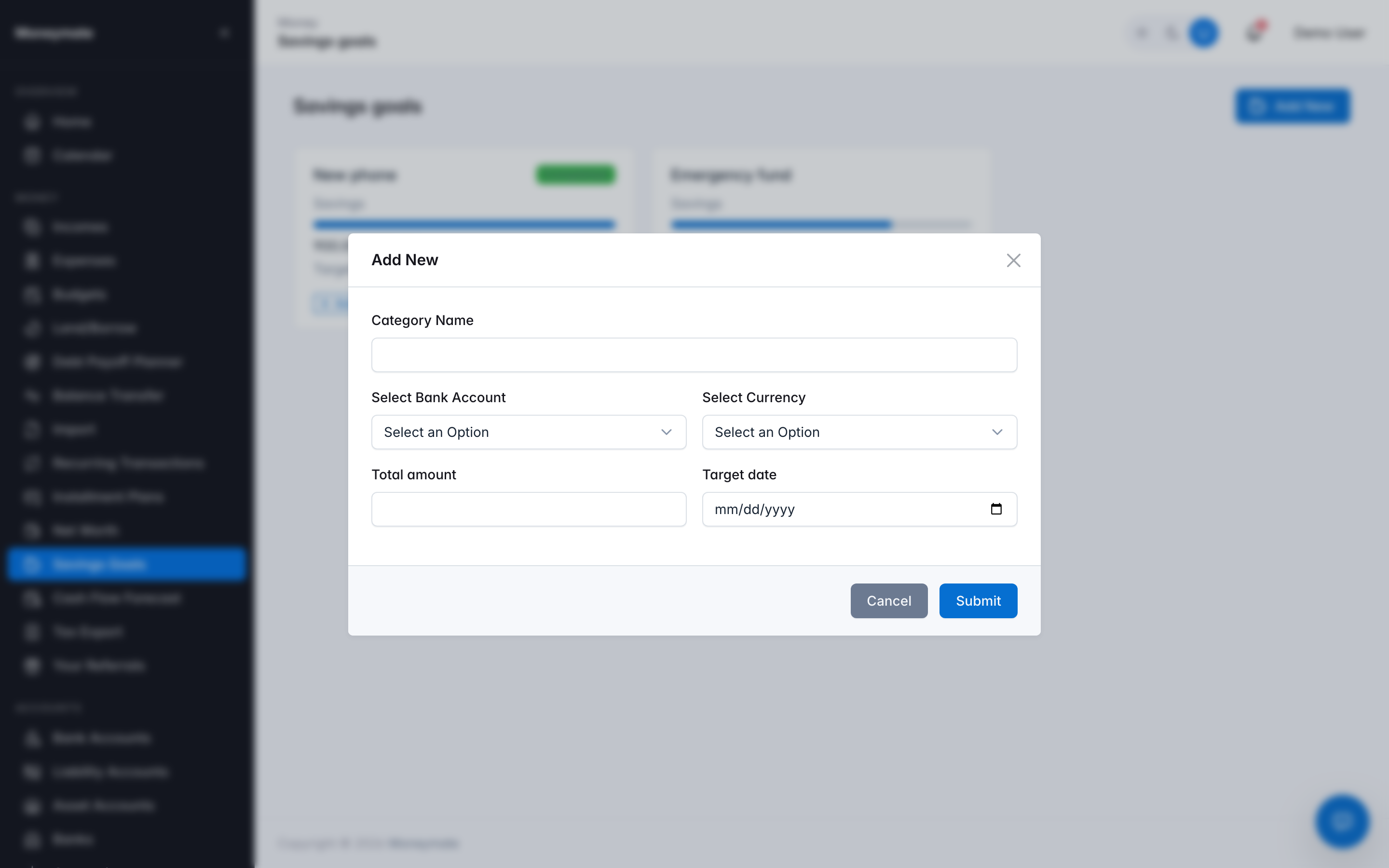 Create Savings Goal form