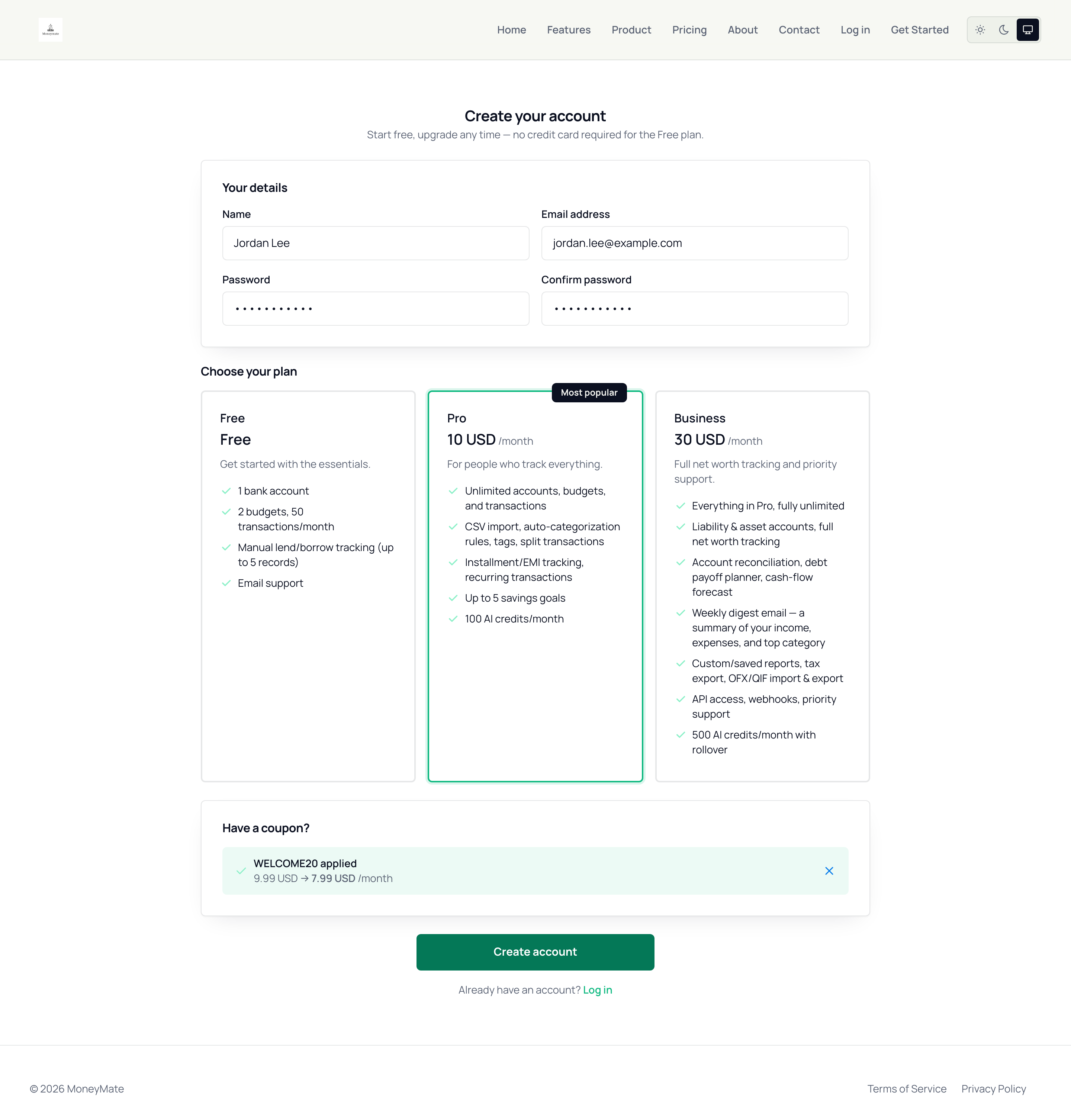 Registration page with plan selection and an applied coupon showing the discounted price