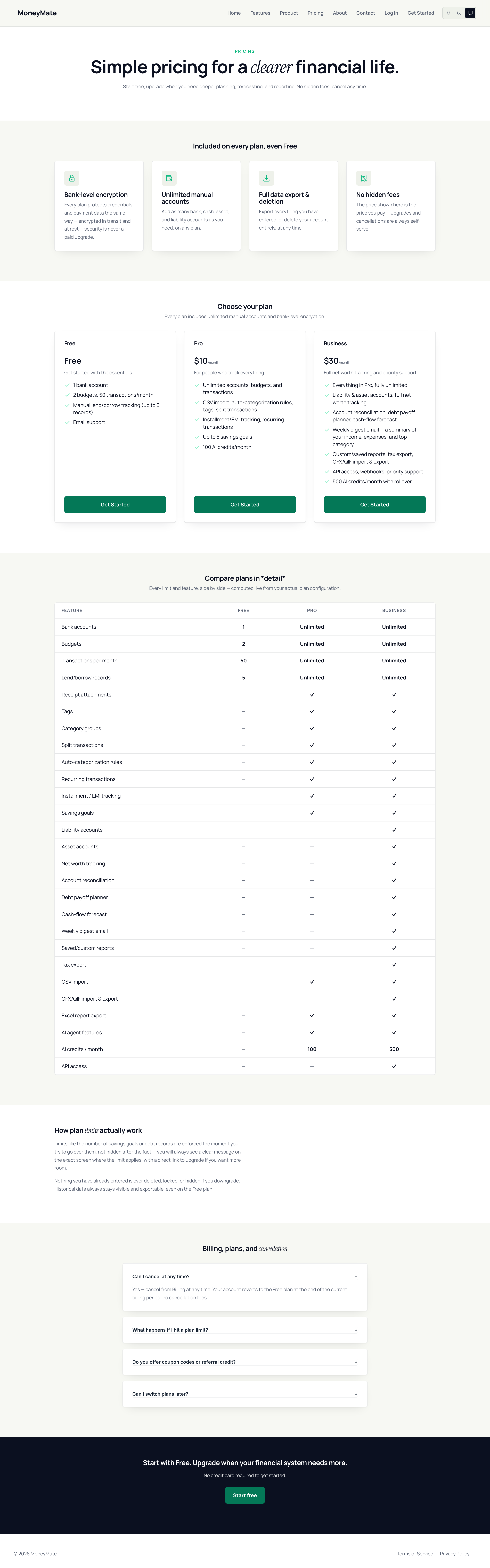 Pricing page with live plan comparison